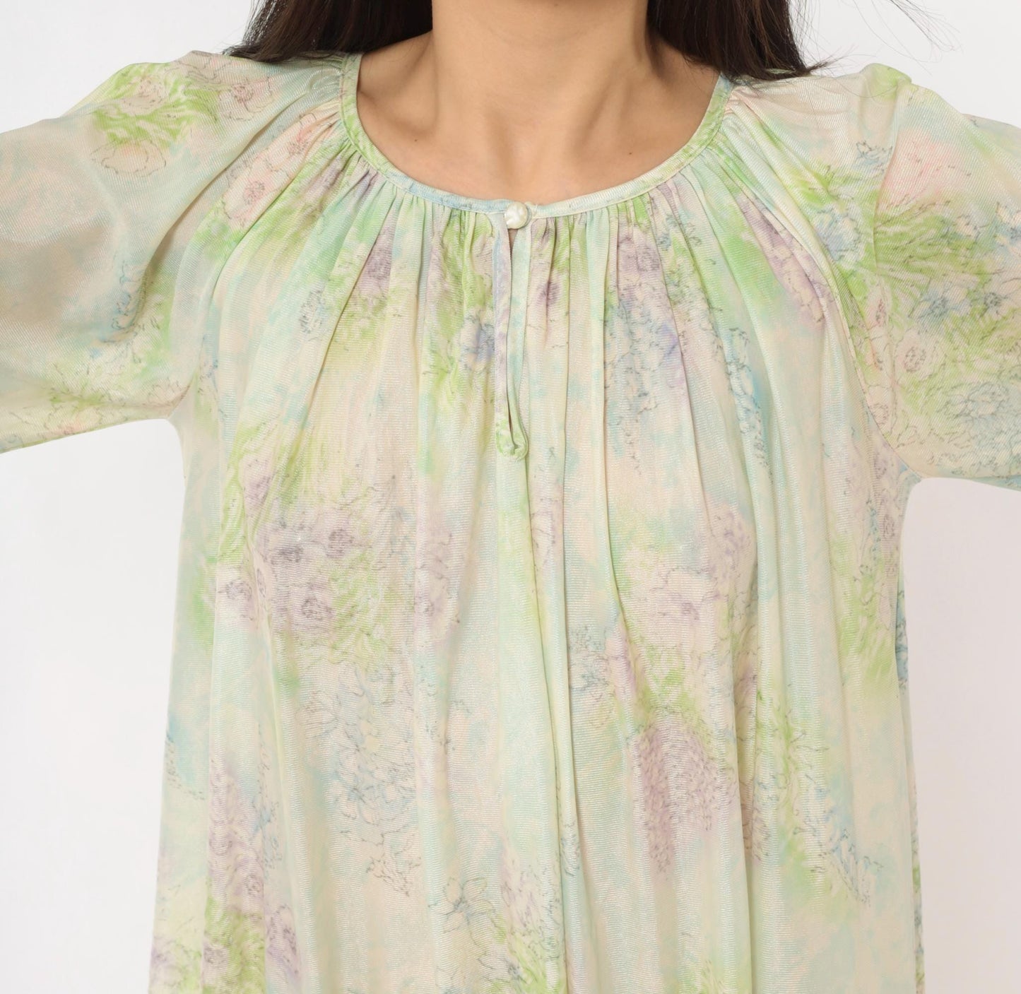 70s Floral Watercolor Maxi Nightgown Lavender Pink Blue Balloon Sleeve Medium M