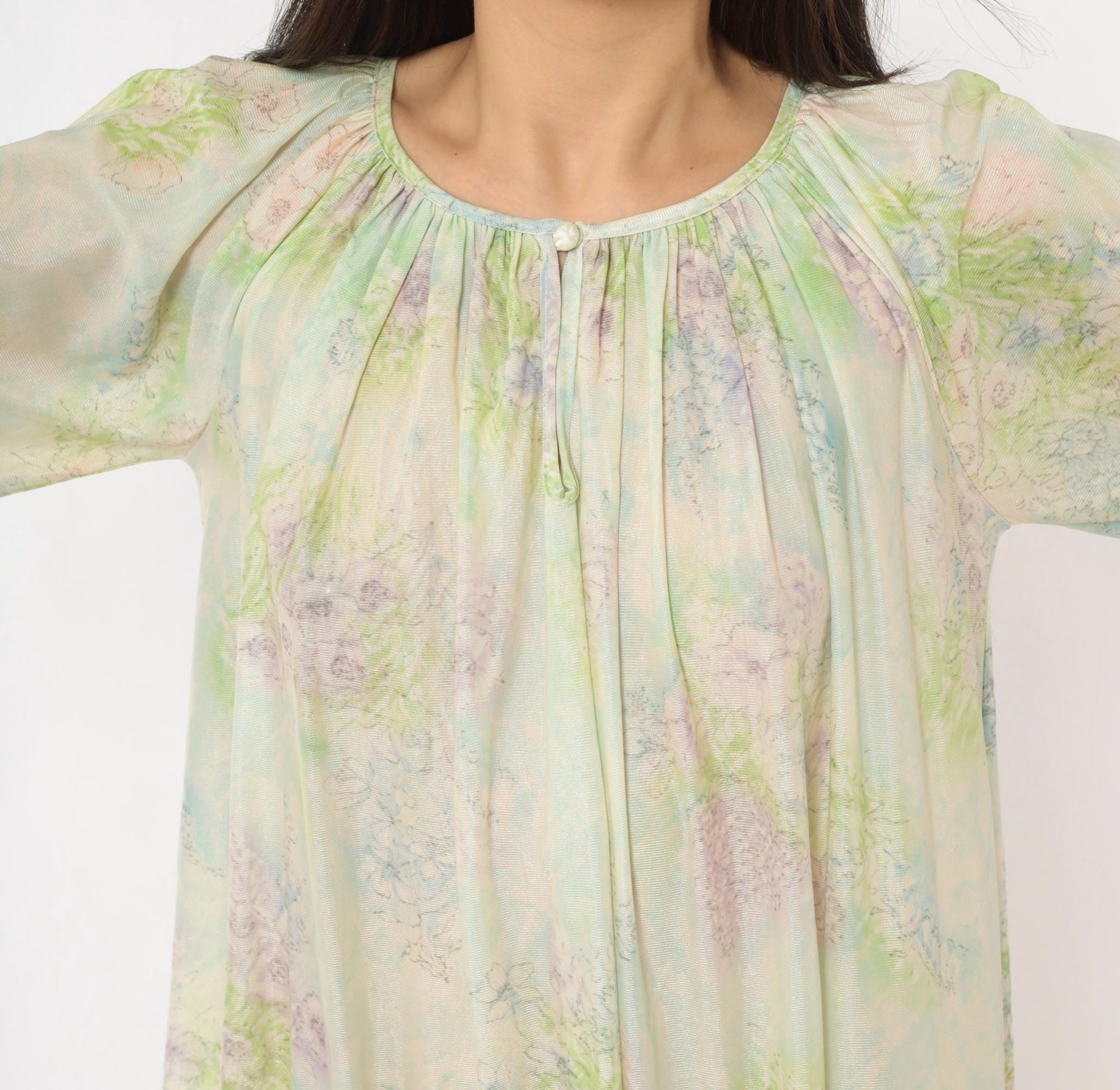 70s Floral Watercolor Maxi Nightgown Lavender Pink Blue Balloon Sleeve Medium M