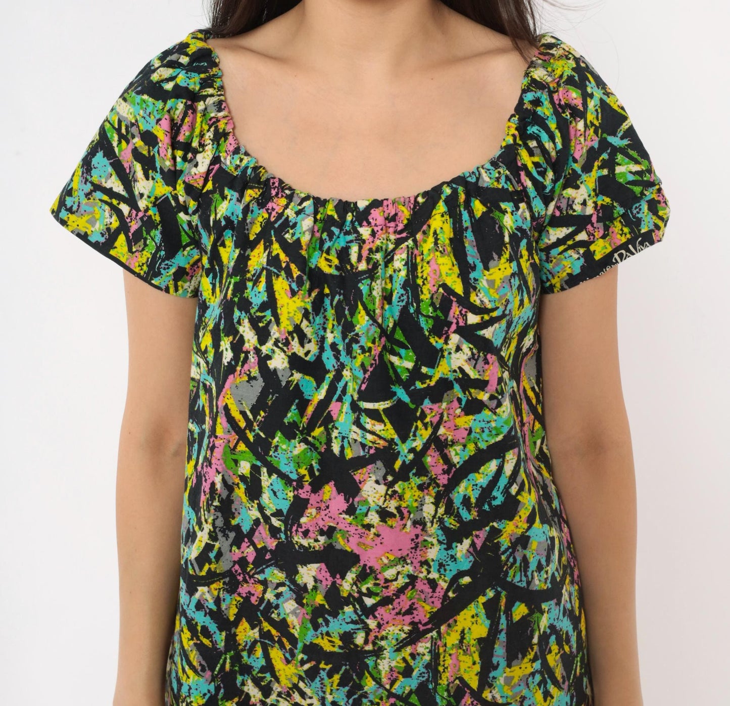 70s Splatter Paint Shift Dress Abstract Print Cotton A-Line Medium