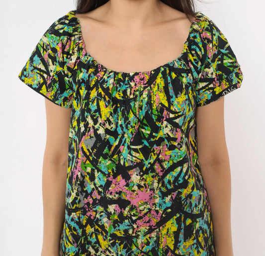 70s Splatter Paint Shift Dress Abstract Print Cotton A-Line Medium