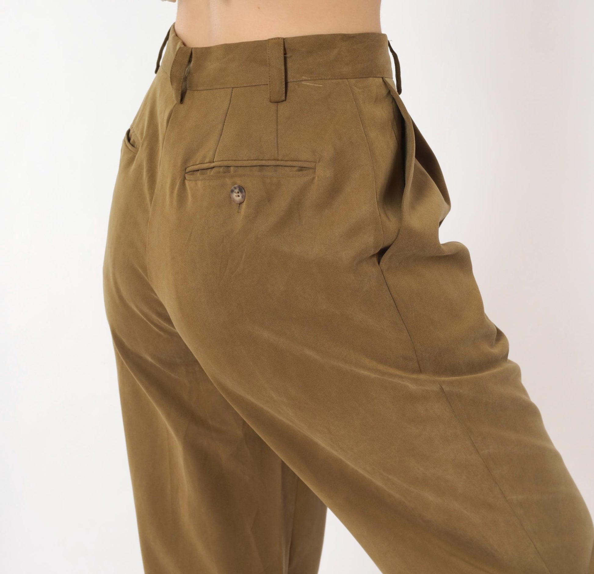 90s Pleated High-Waist Trousers Olive Tapered Leg Front Pleat Extra Small XS