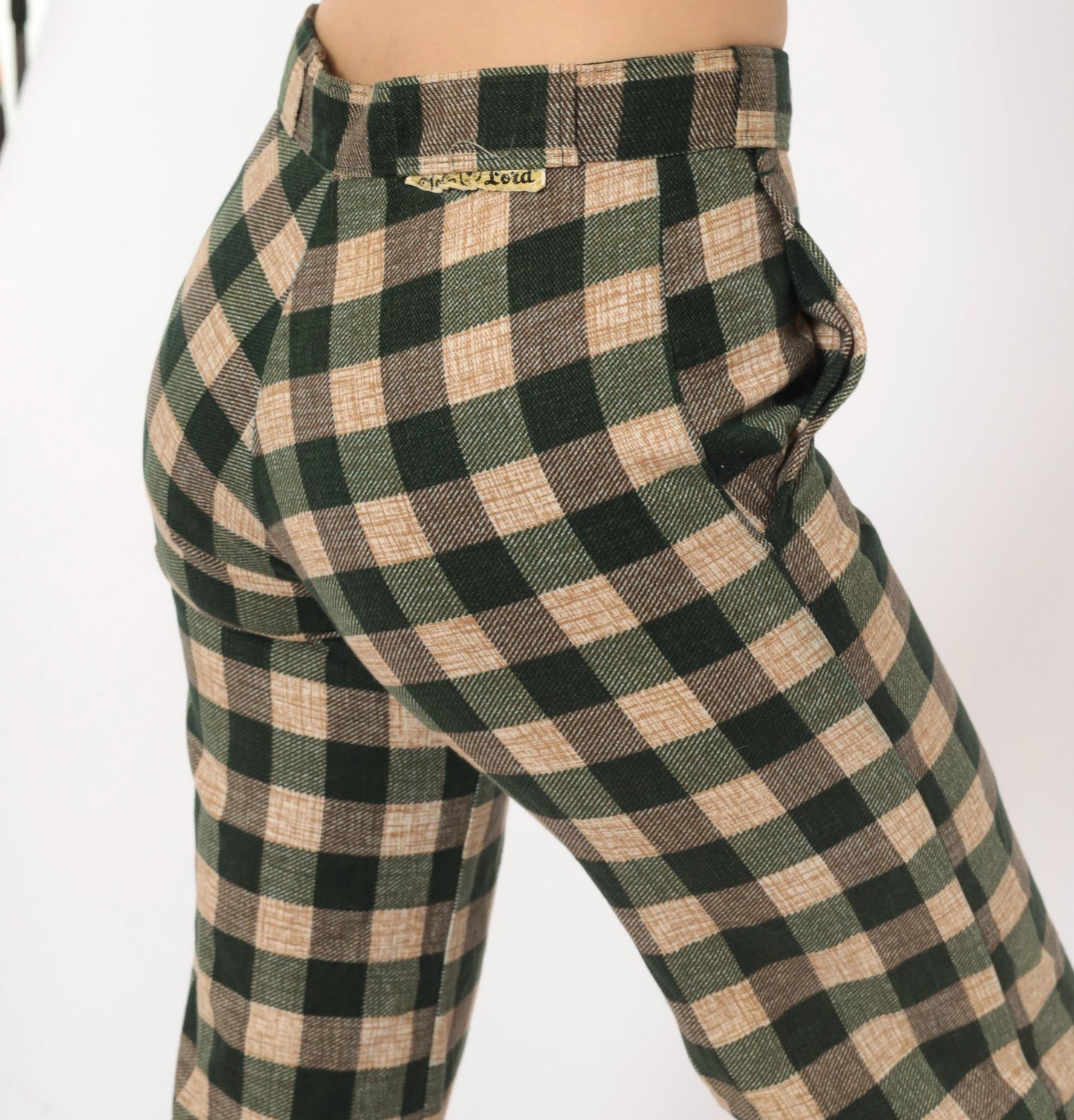 70s Tale Lord Green Tan Buffalo Check Flare Pants High Waist Extra Small XS