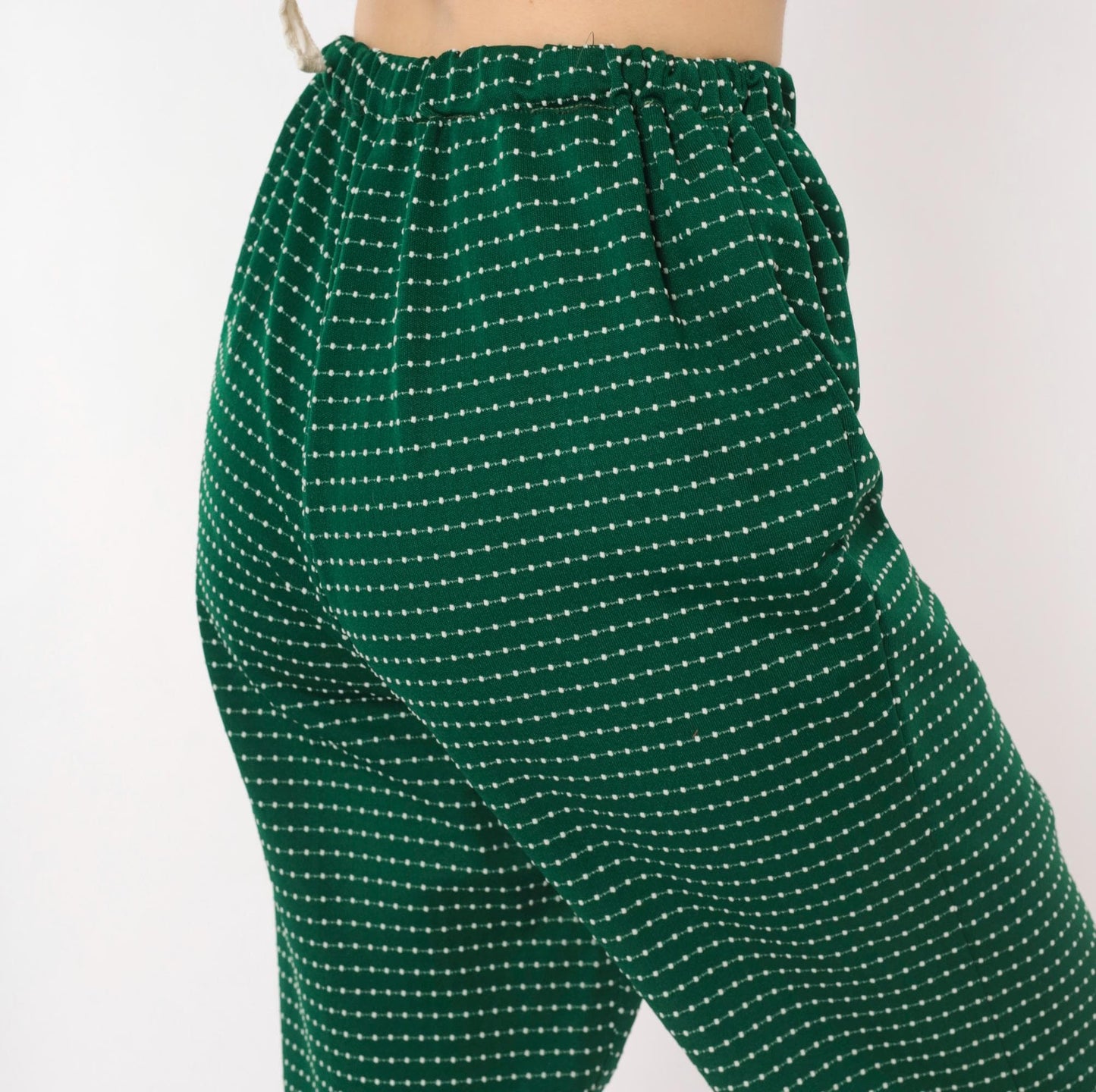 70s Green White Dotted Stripe Pull-On Trousers High Rise Wide Leg Small Medium