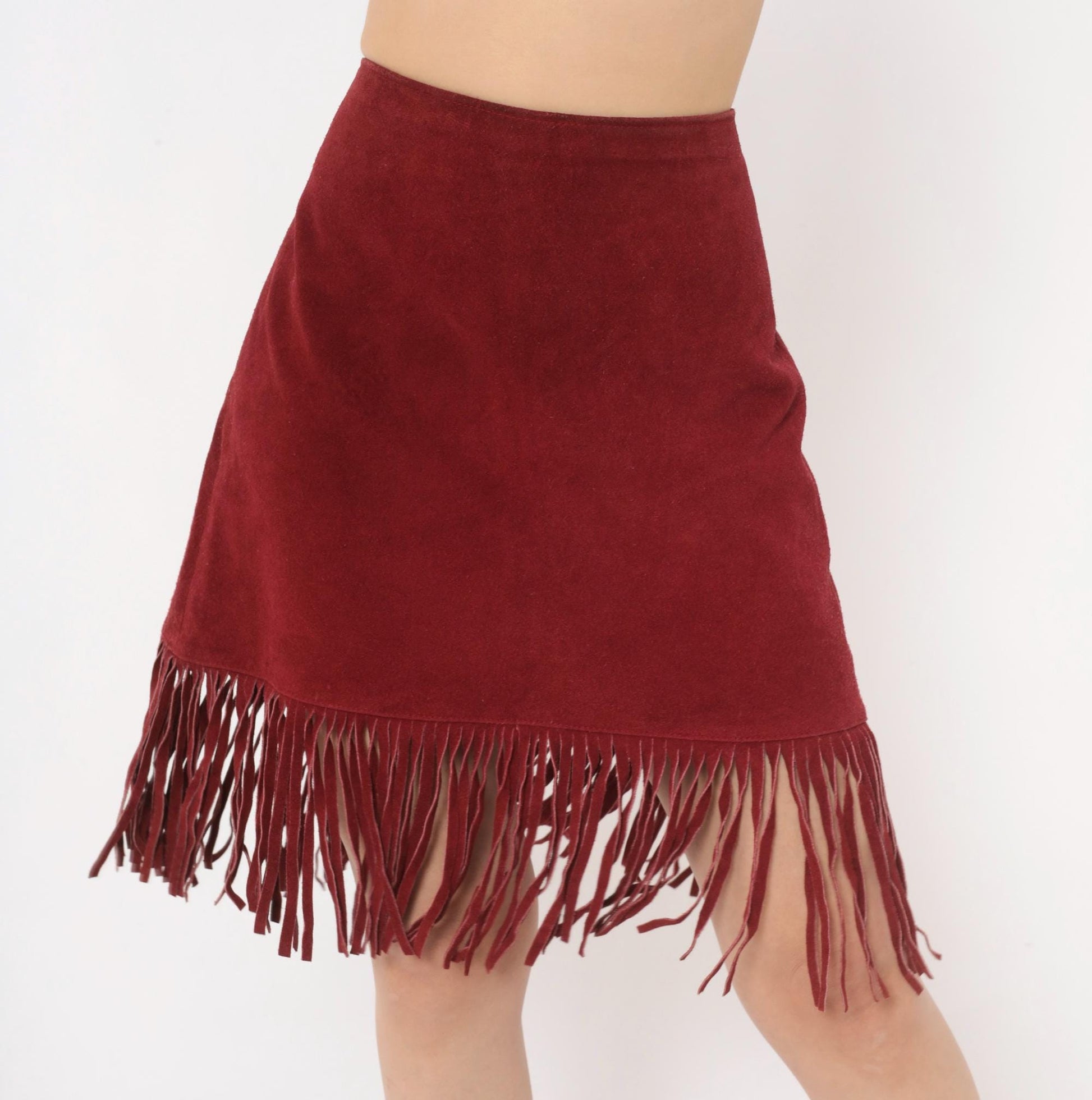 80s Passport Burgundy Suede Fringe A-Line Skirt High Waist Knee Length Large