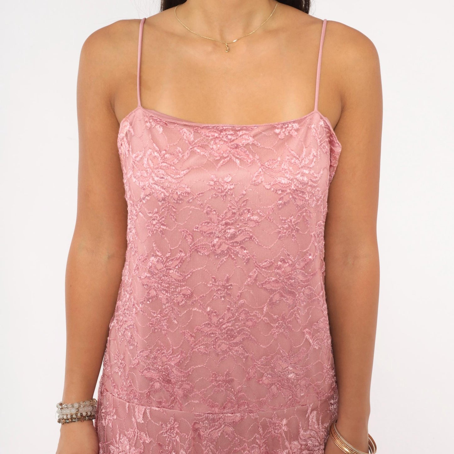 80s Pat Richards Pink Lace Maxi Dress Floral Embroidered Drop Waist Medium