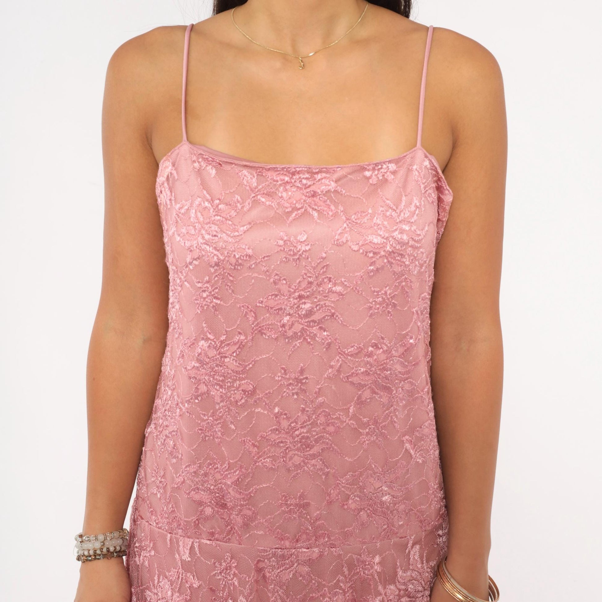 80s Pat Richards Pink Lace Maxi Dress Floral Embroidered Drop Waist Medium