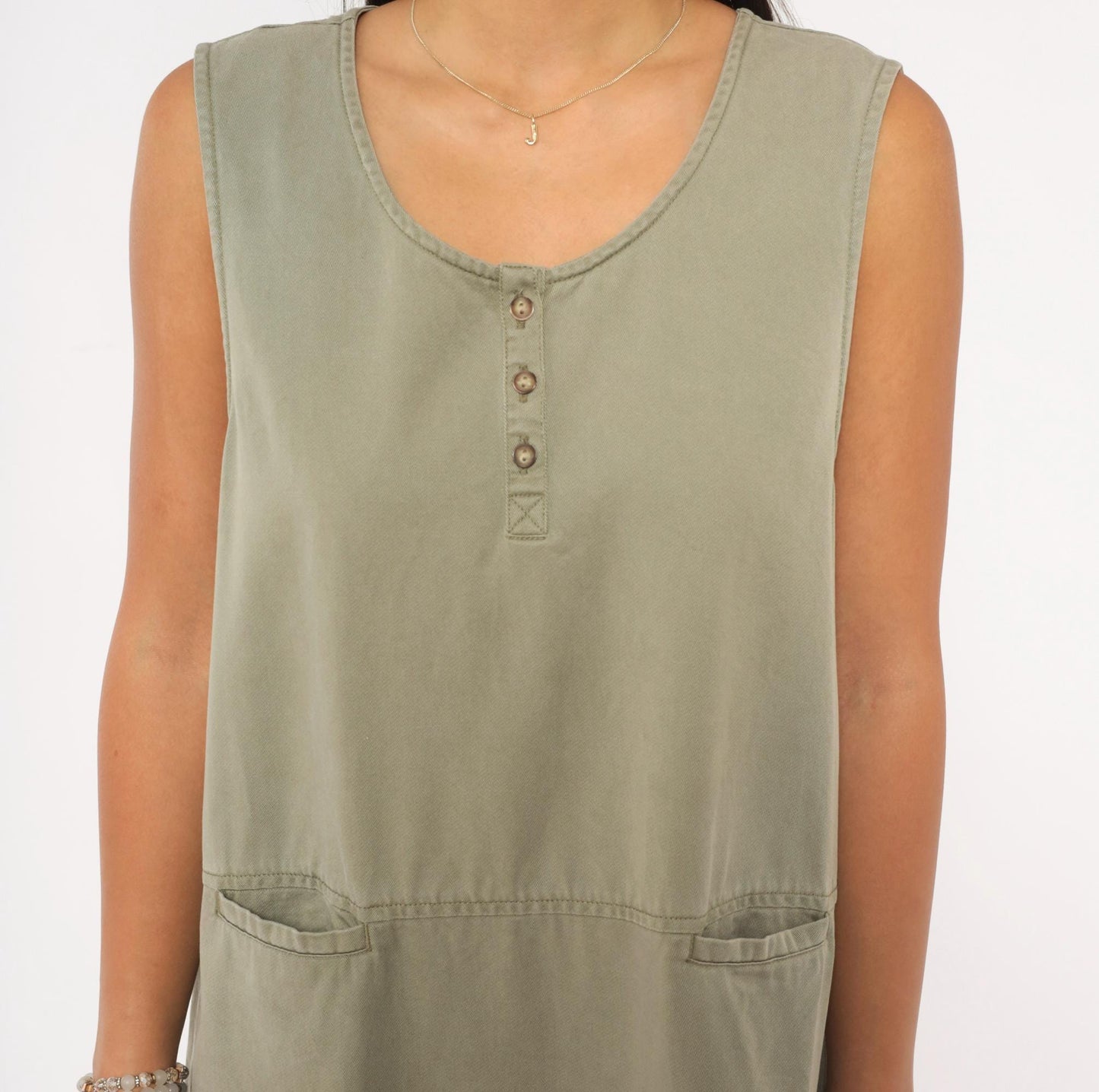 90s L.L.Bean Sleeveless Maxi Dress Sage Olive Cotton A-Line Pockets Extra Large XL