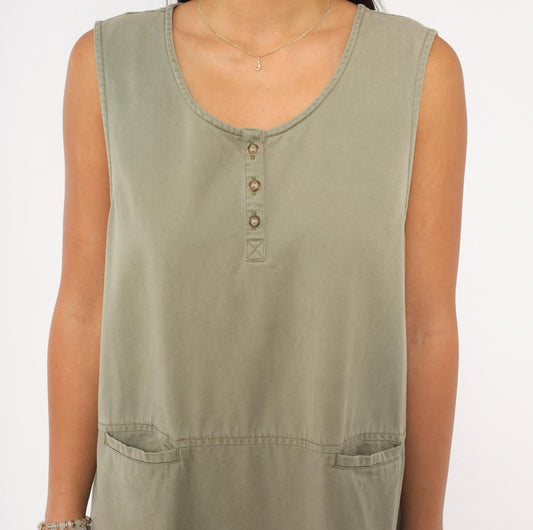 90s L.L.Bean Sleeveless Maxi Dress Sage Olive Cotton A-Line Pockets Extra Large XL