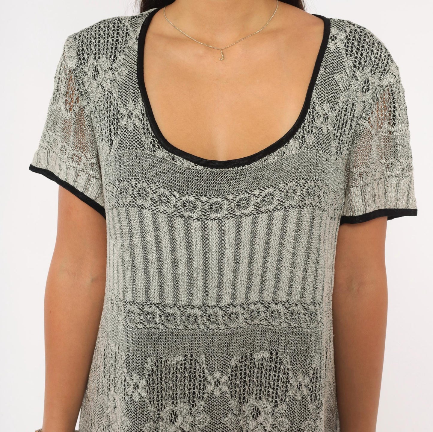 90s Grey Diamond Lace Knit Maxi Dress A-Line Short Sleeve Large L