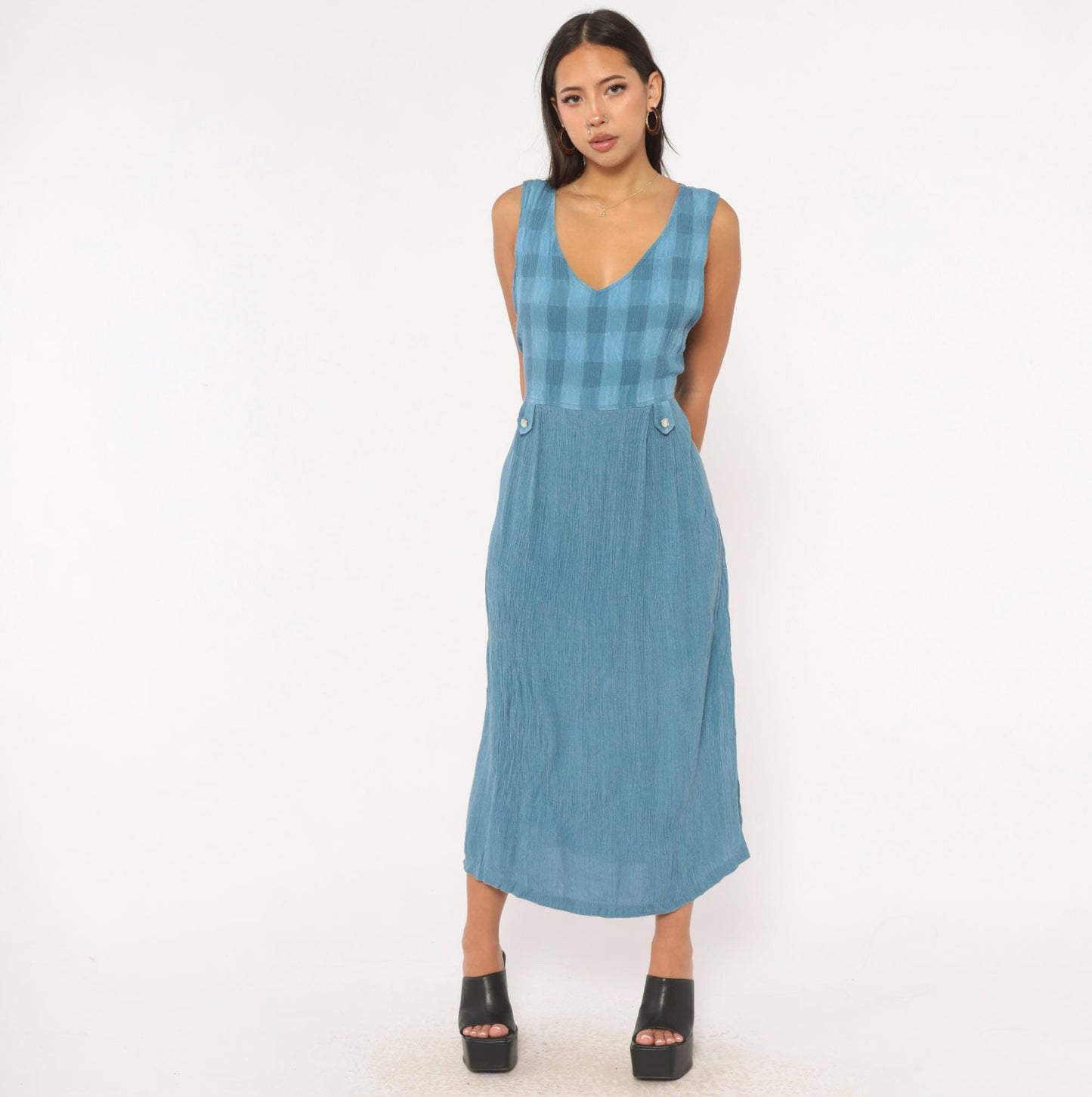 90s Whirlaway Frocks Blue Gingham Midi Dress Tie Back V Neck Large L