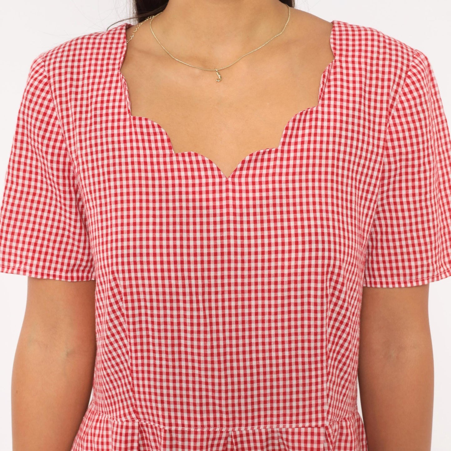 90s Red White Gingham Maxi Dress Sweetheart Neckline Pleated Cotton Large L