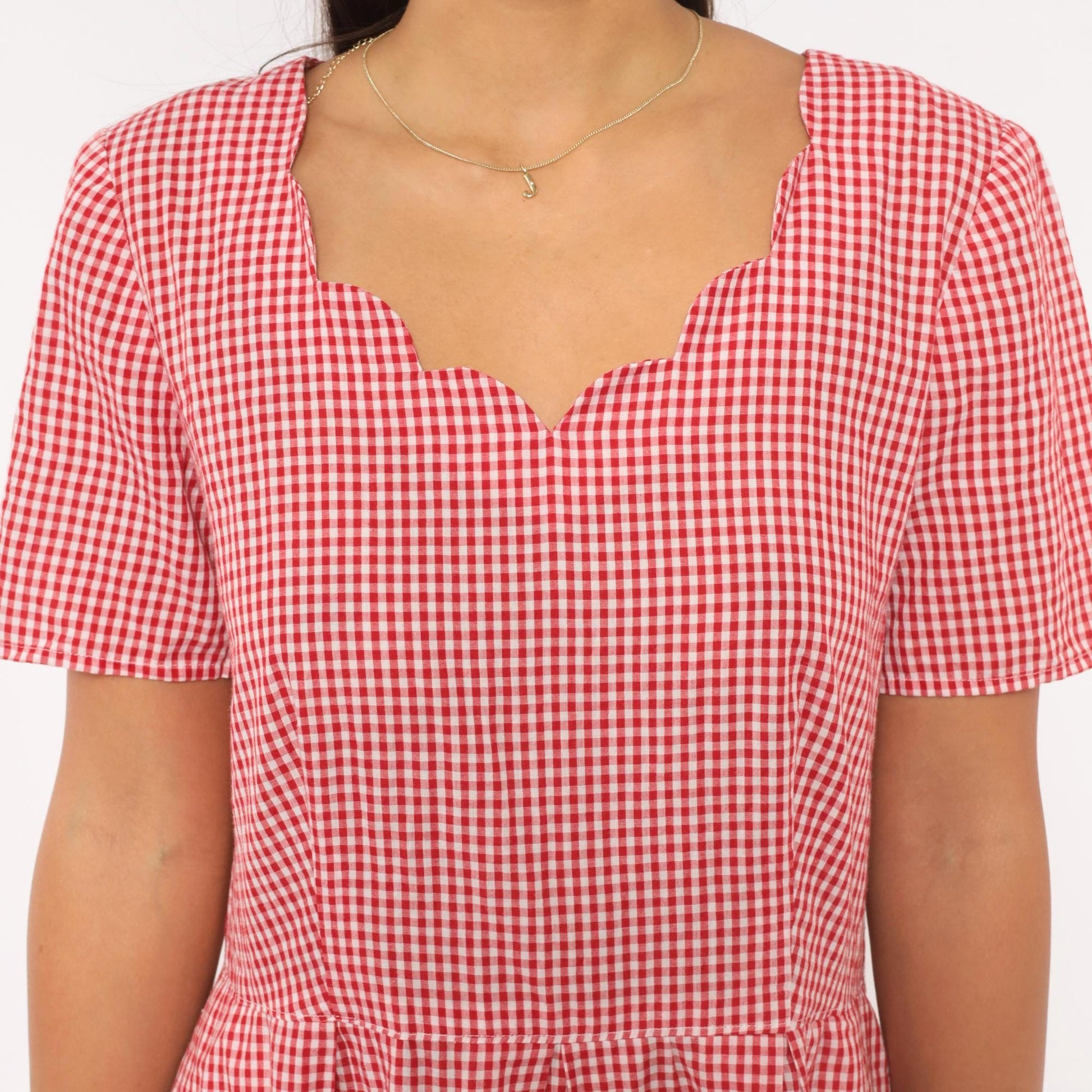 90s Red White Gingham Maxi Dress Sweetheart Neckline Pleated Cotton Large L