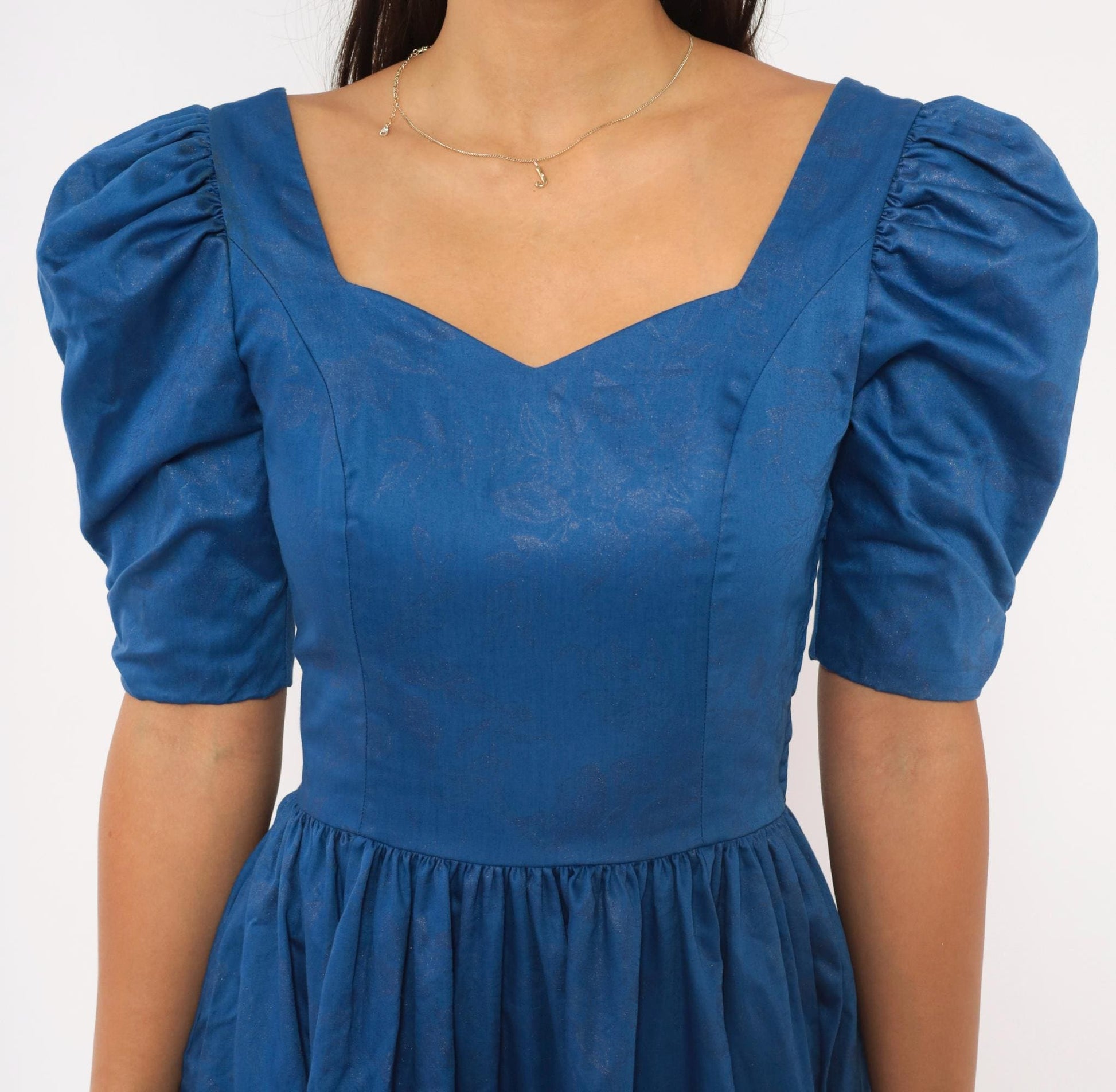 80s Laura Ashley Midi Dress Blue Cotton Puff Sleeve Sweetheart Neckline Extra Small XS