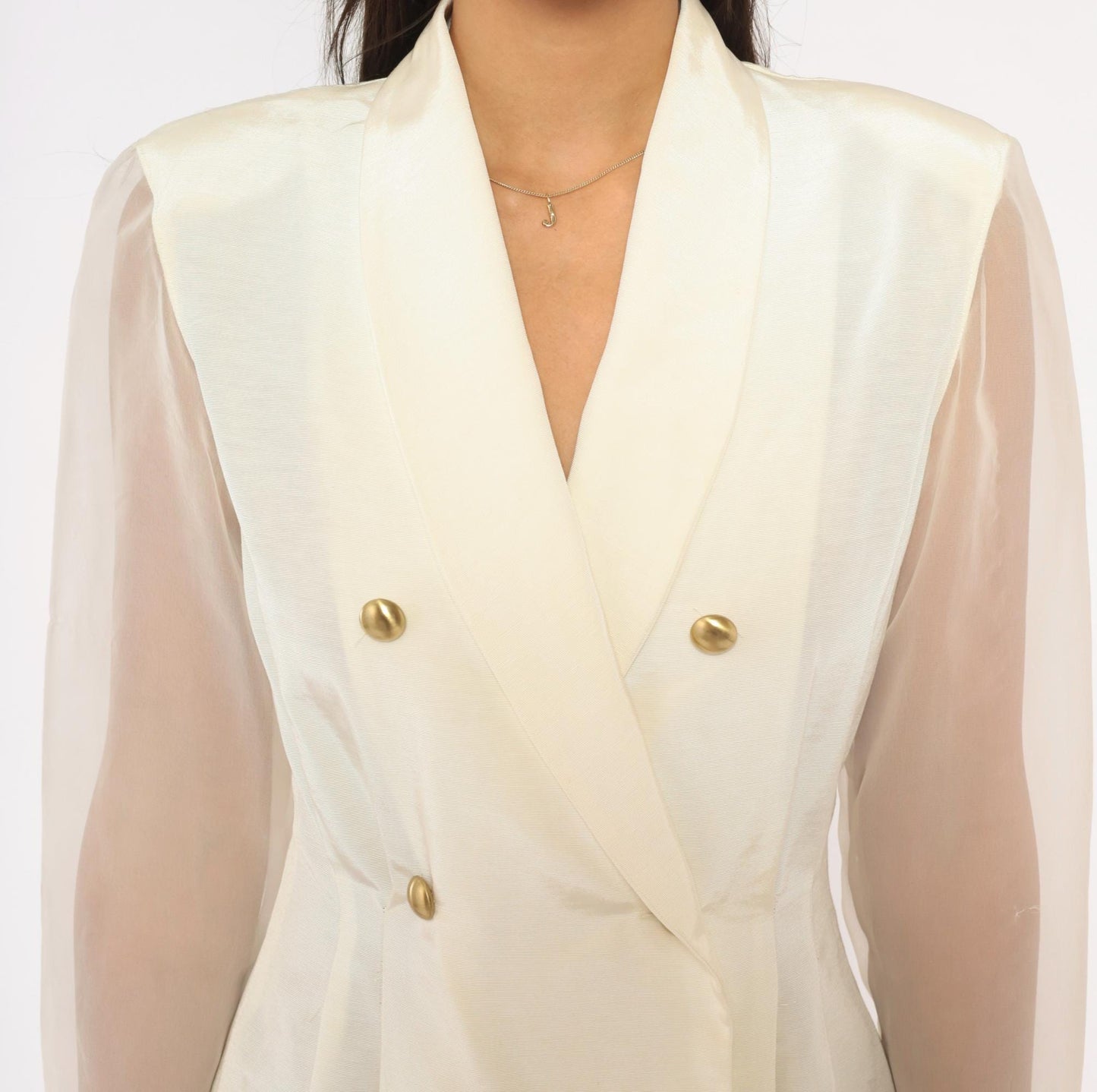 90s Cream Double Breasted Blazer Dress Gold Buttons Sheer Organza Mini Large L