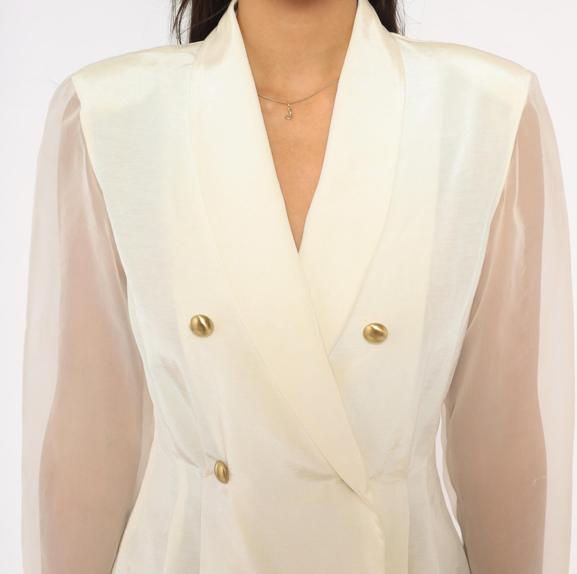 90s Cream Double Breasted Blazer Dress Gold Buttons Sheer Organza Mini Large L