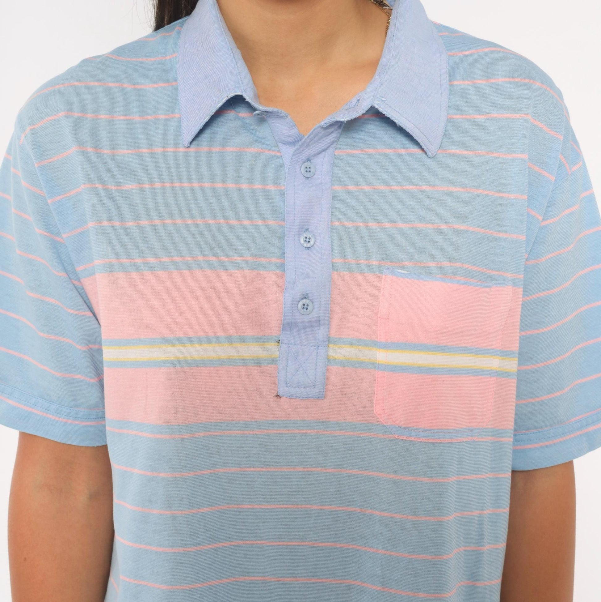 80s Par Four Striped Polo Shirt Blue Pink Chest Pocket Medium