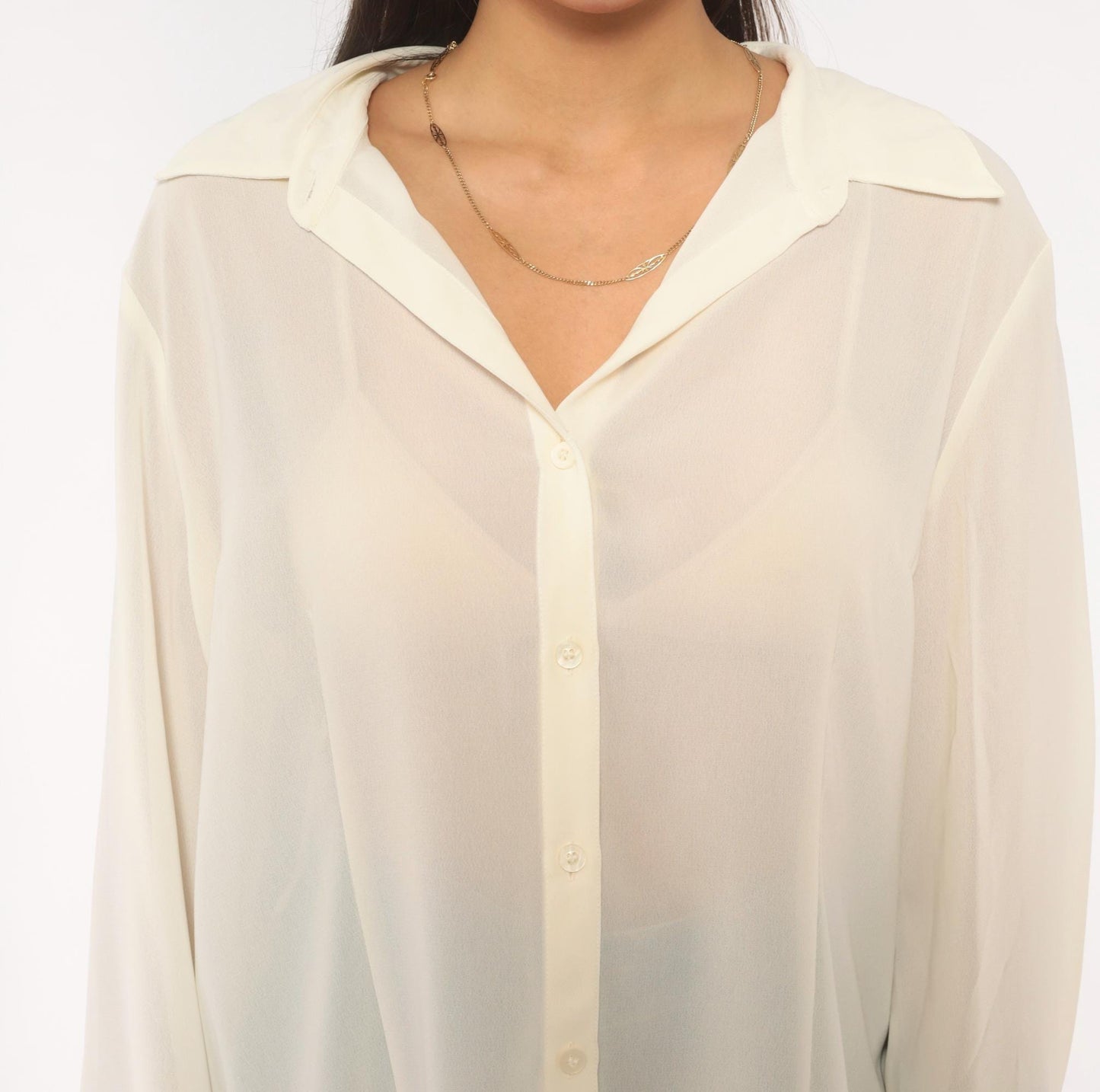 Y2K NY&Co Sheer Cream Button-Front Blouse Pointed Collar Long Sleeve Extra Large XL