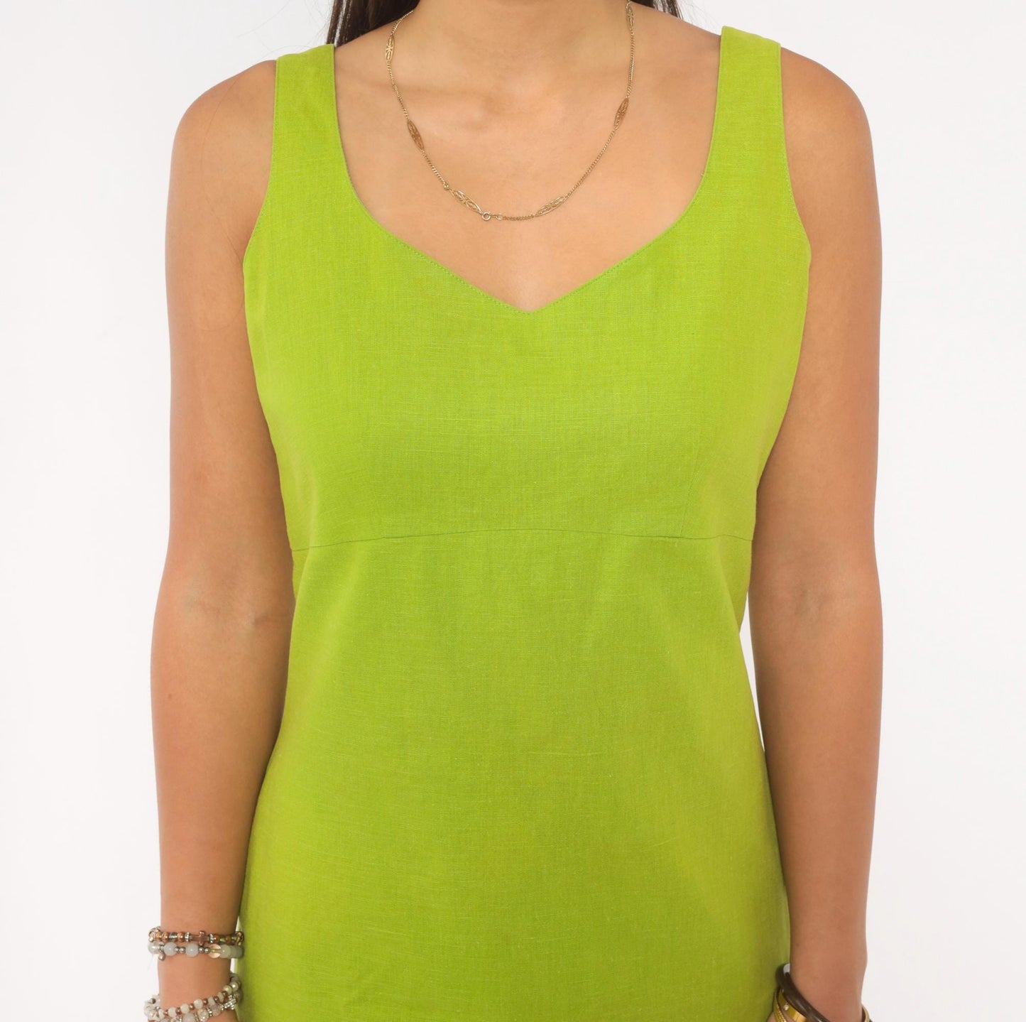 90s JRT Chartreuse Linen Shift Dress Sleeveless V-Neck Mini Small S