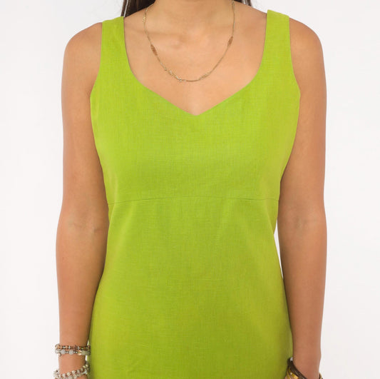 90s JRT Chartreuse Linen Shift Dress Sleeveless V-Neck Mini Small S
