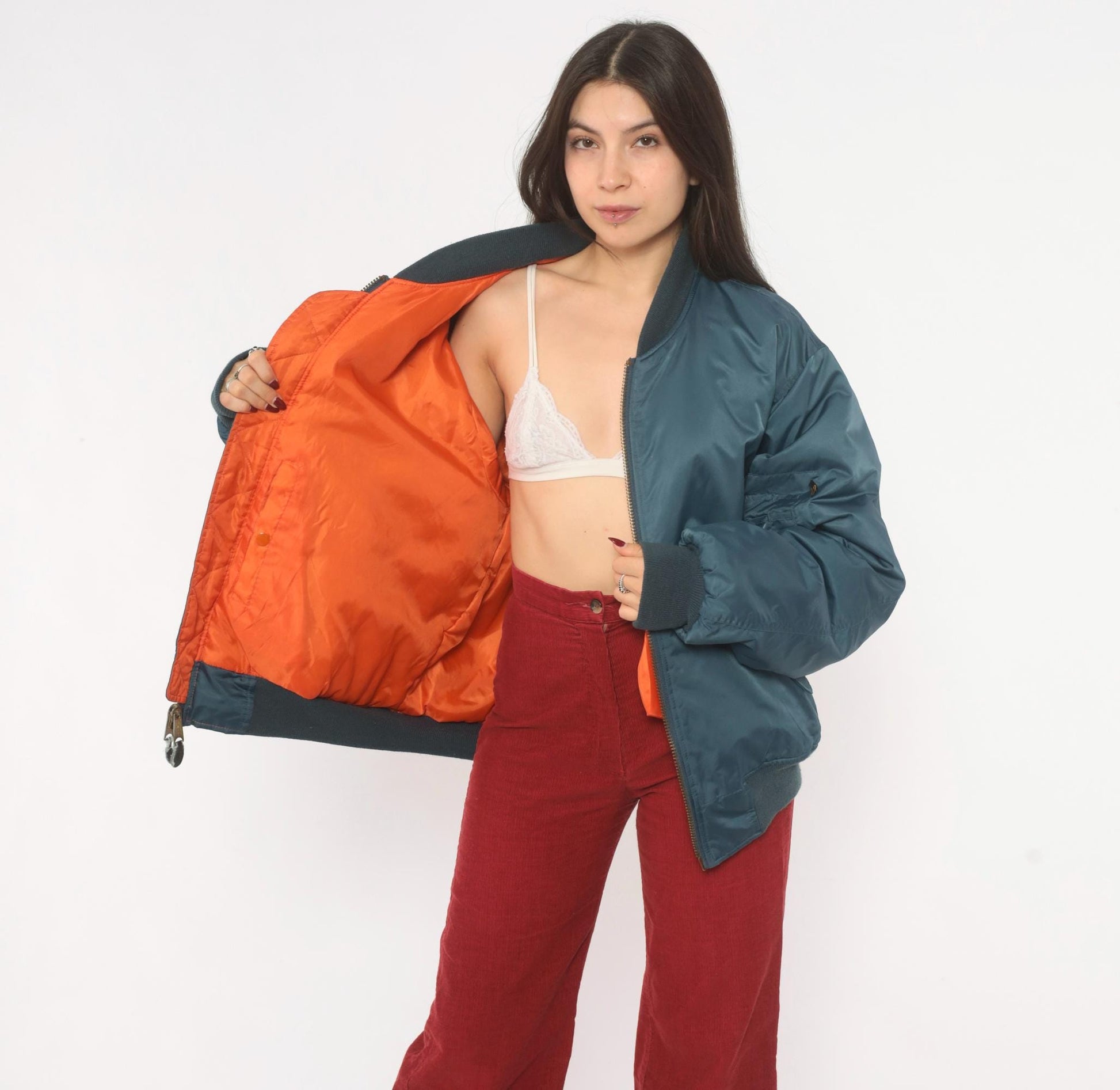90s Rothco MA-1 Bomber Jacket Slate Blue Reversible Orange Flight Coat Large L
