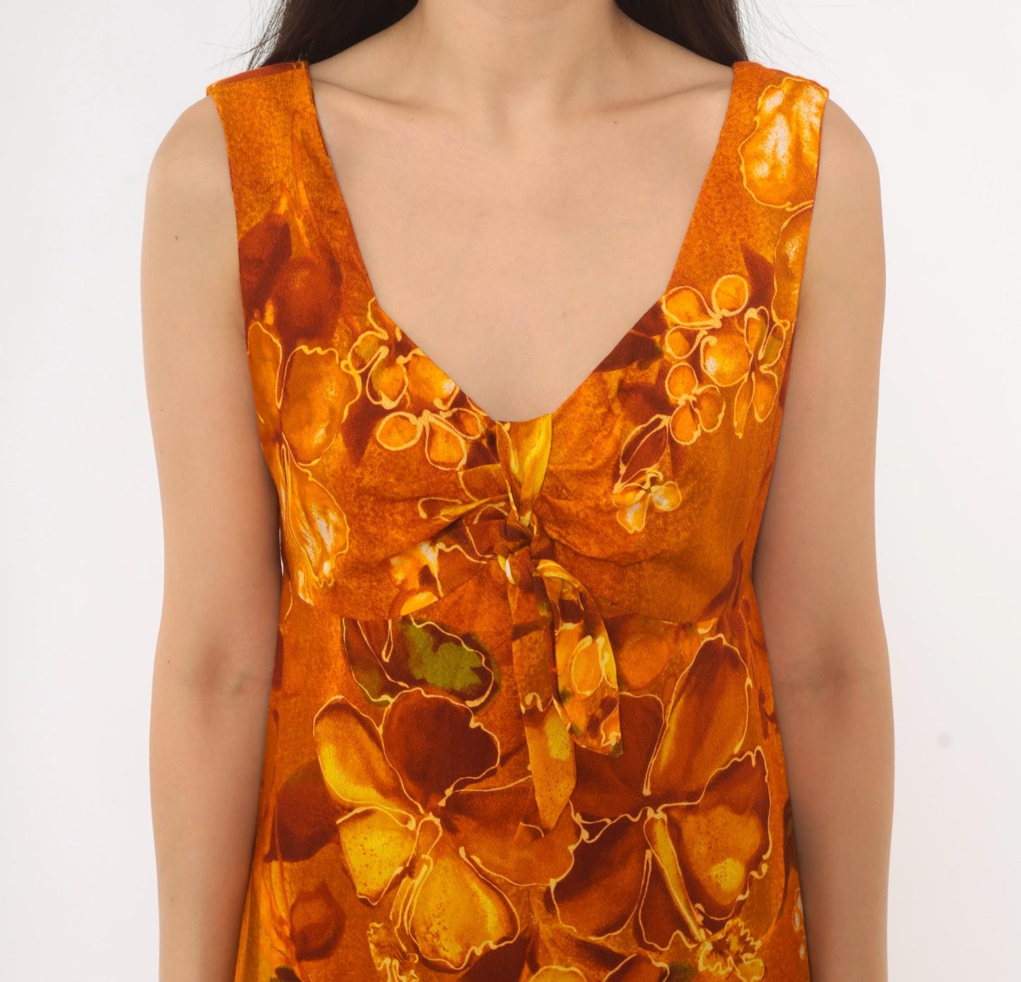 70s Kawika of Hawaii Maxi Dress Orange Floral Empire Waist Medium