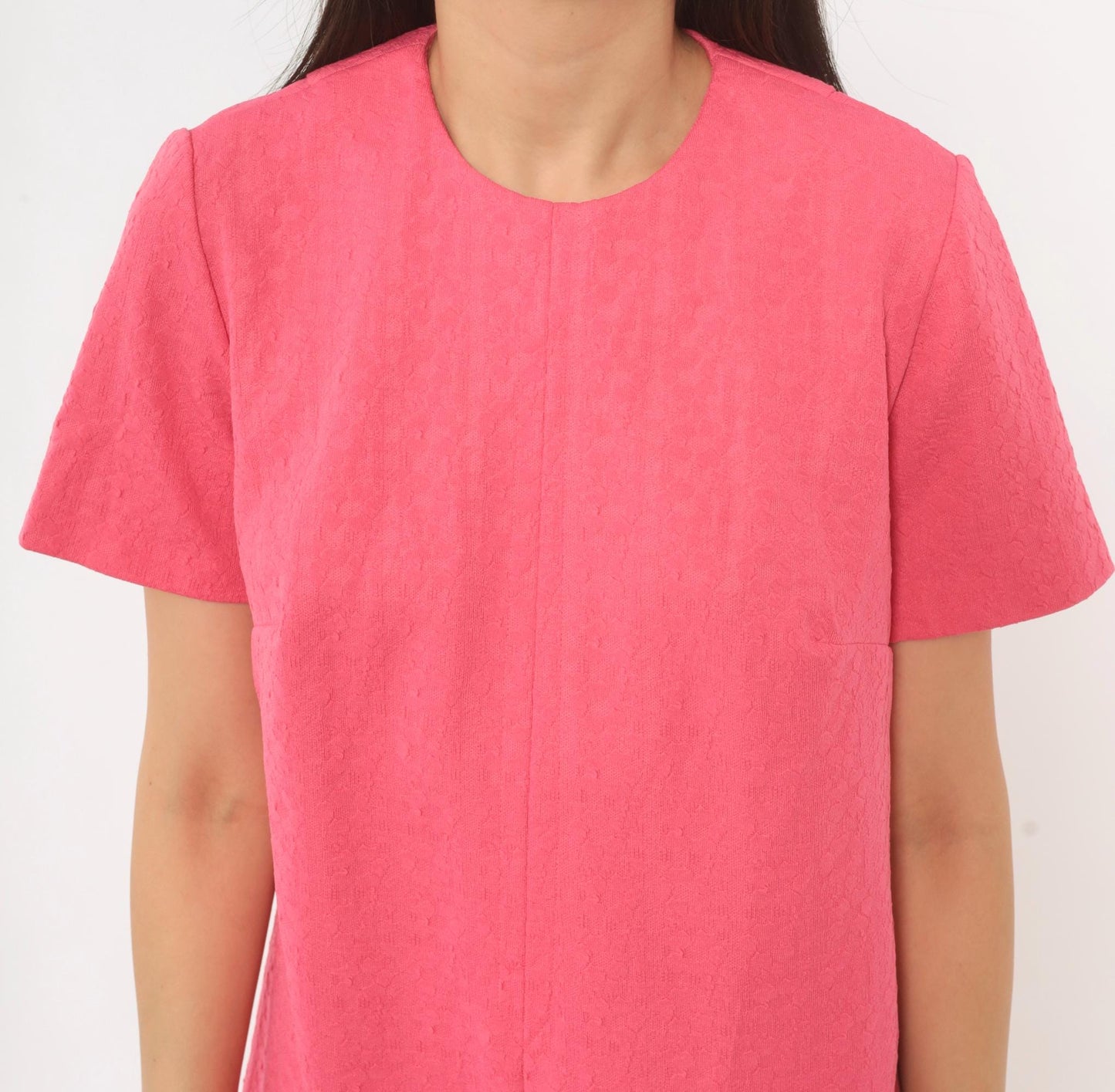 70s Hot Pink Shift Dress Jacquard Crew Neck A-Line Knee Length Medium M