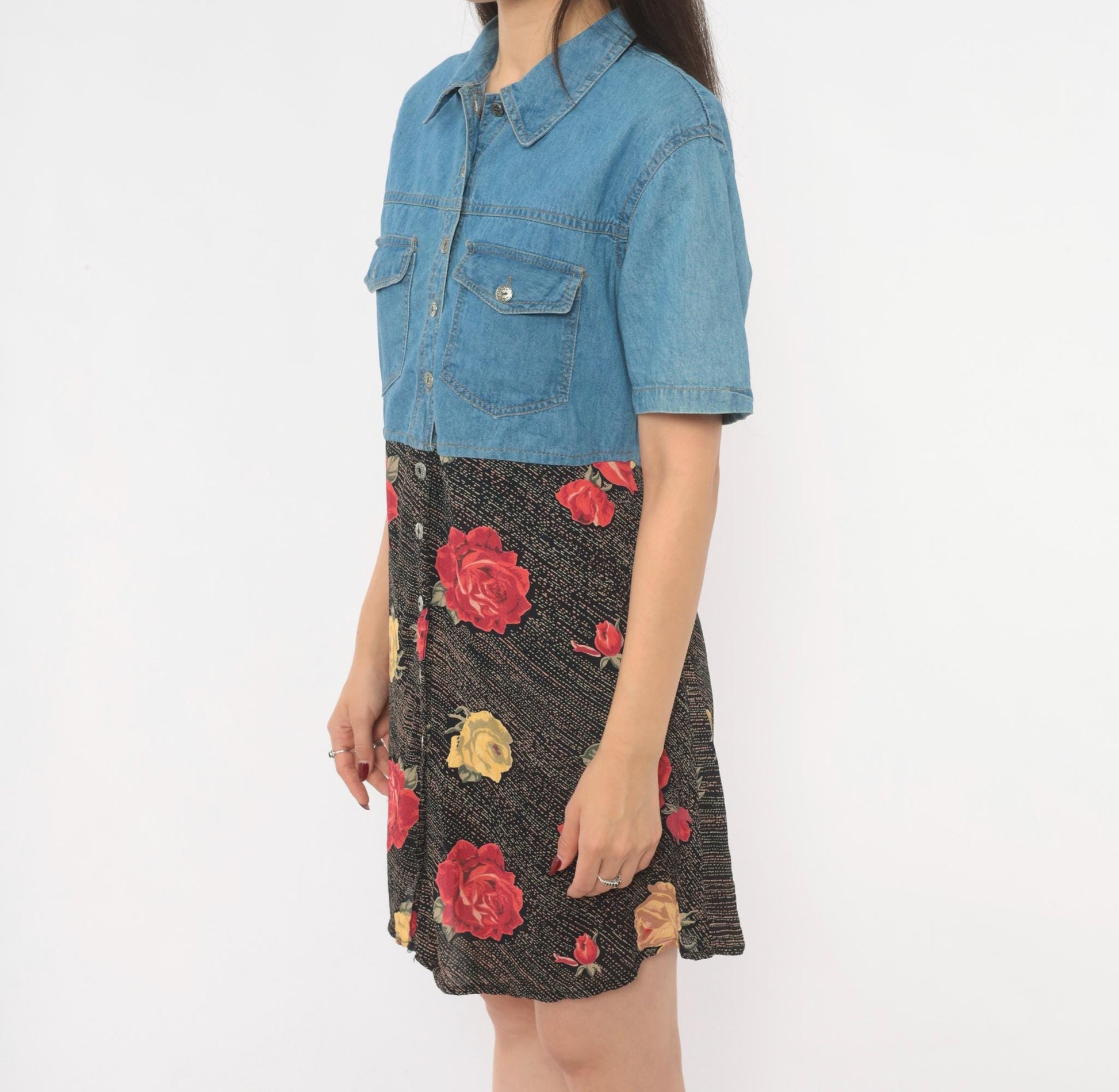 90s M.P.H. Denim Floral Mini Dress Button Front Collared Medium M