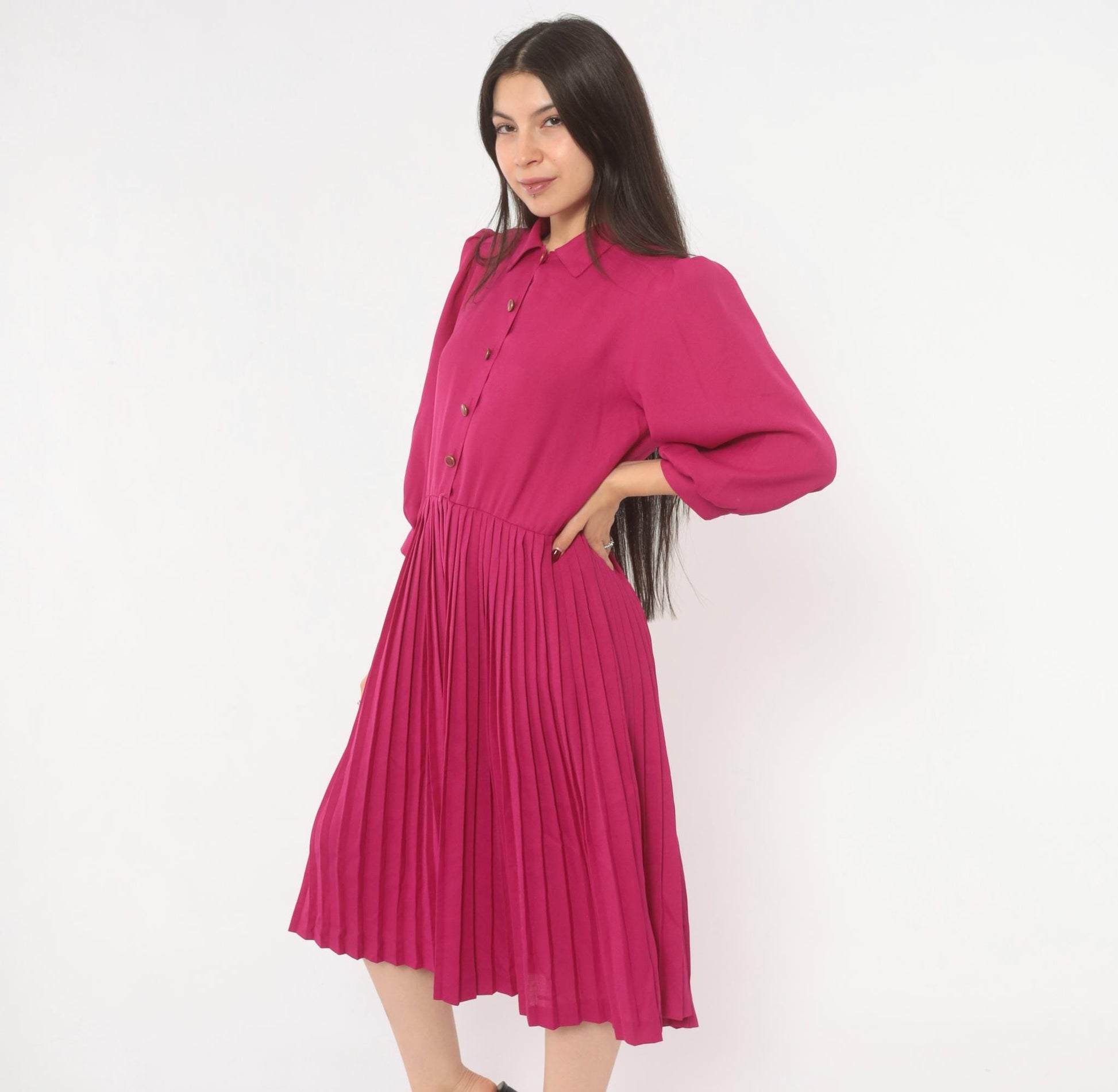 80s Sabino Petites Fuchsia Pleated Shirt Dress Puff Sleeve Knee Length Small