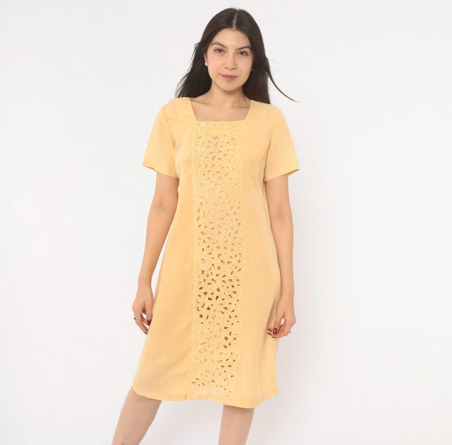 80s Peach Cutwork Lace Shift Dress Cotton Square Neck Floral Embroidered Small