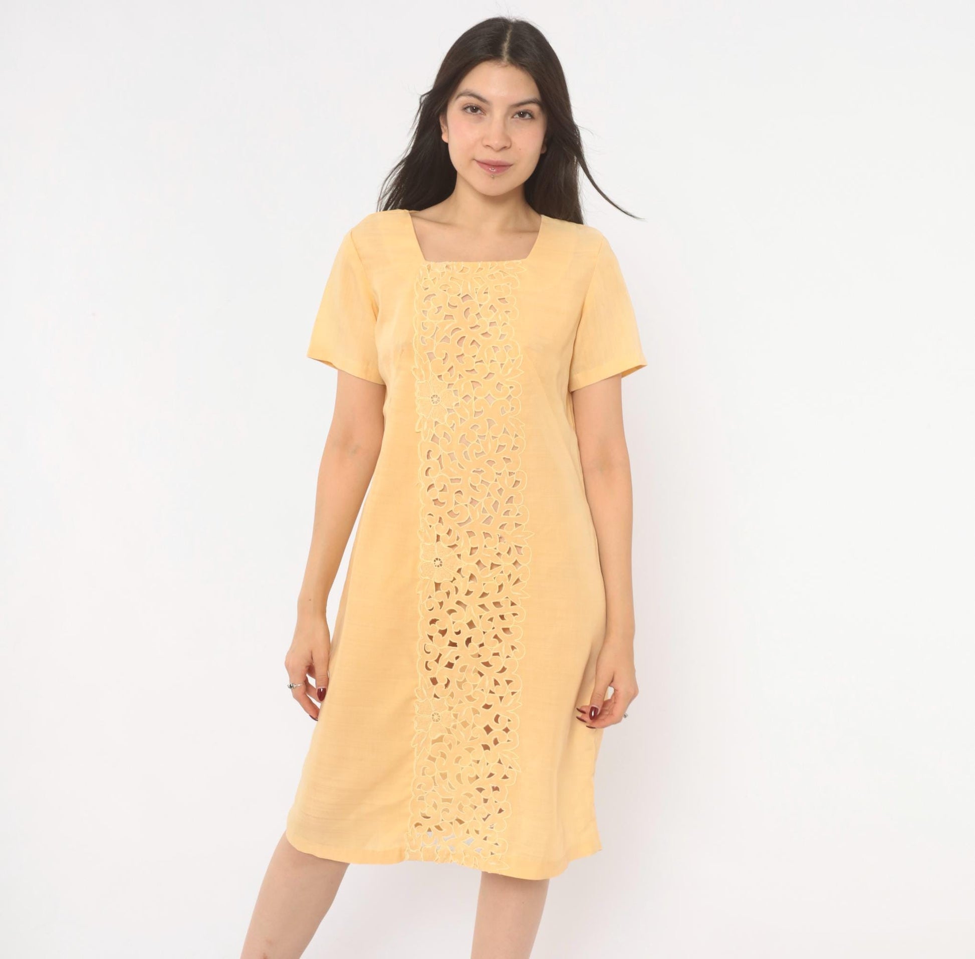 80s Peach Cutwork Lace Shift Dress Cotton Square Neck Floral Embroidered Small
