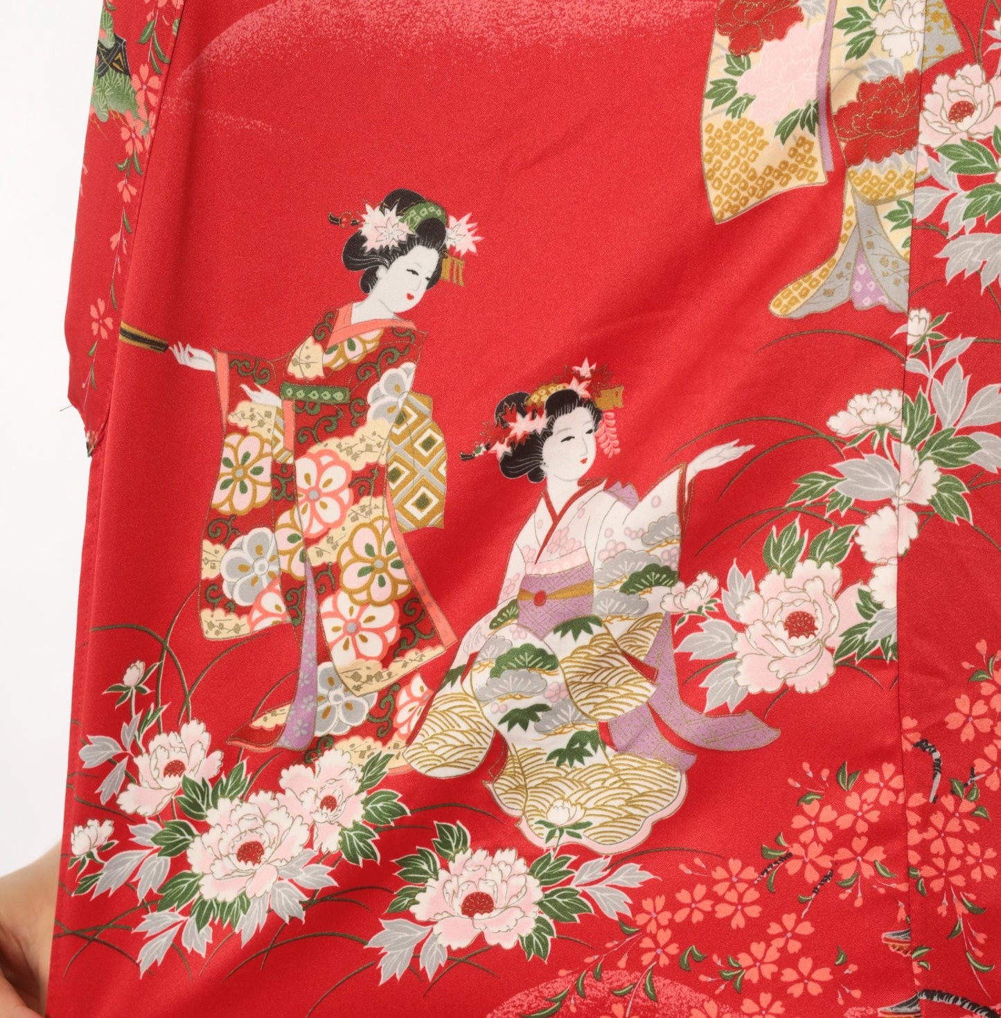 90s Red Geisha Cherry Blossom Satin Kimono Robe Mini XXS