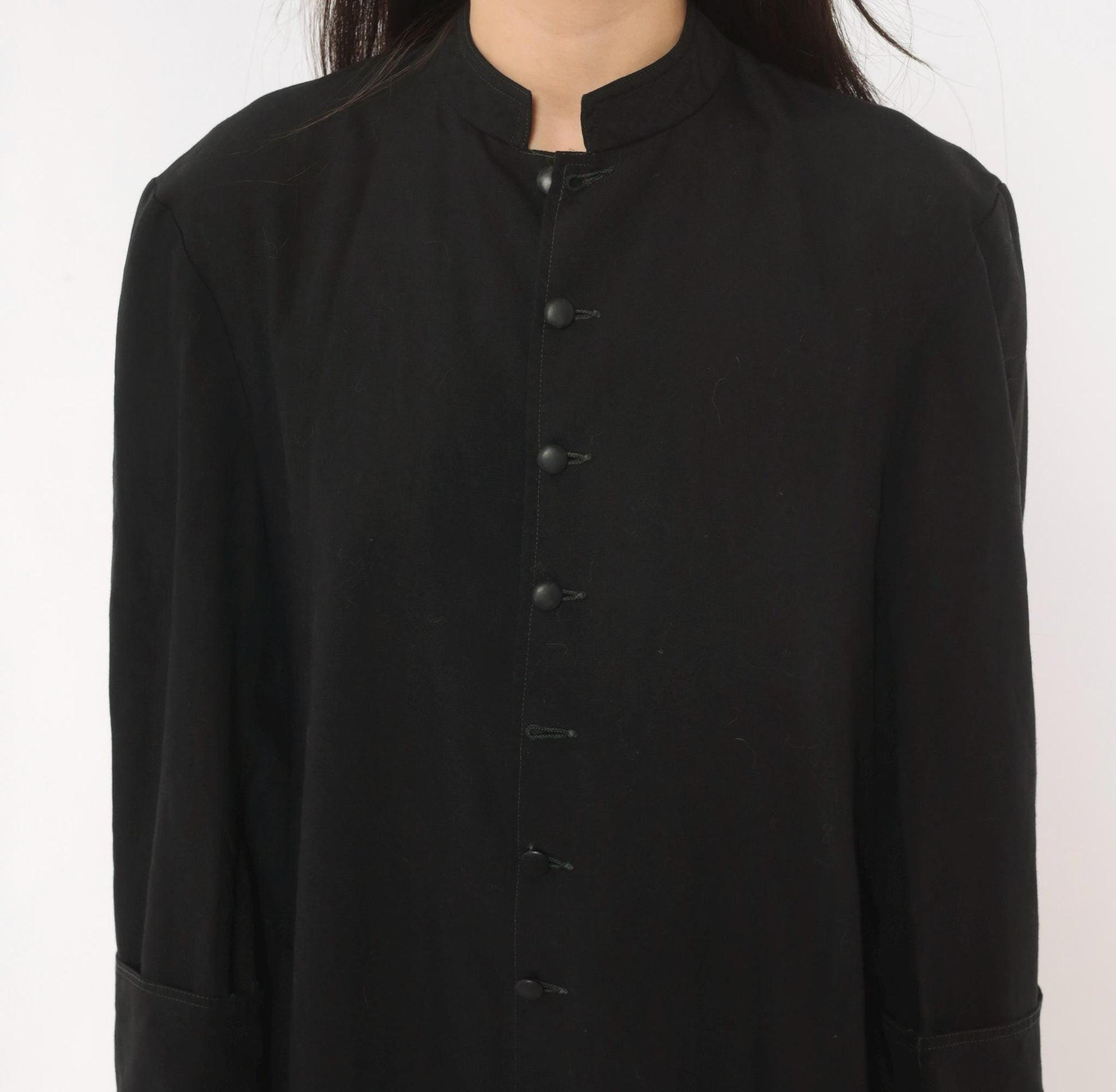 90s Black Maxi Dress Mandarin Collar Button Front Long Sleeve Medium