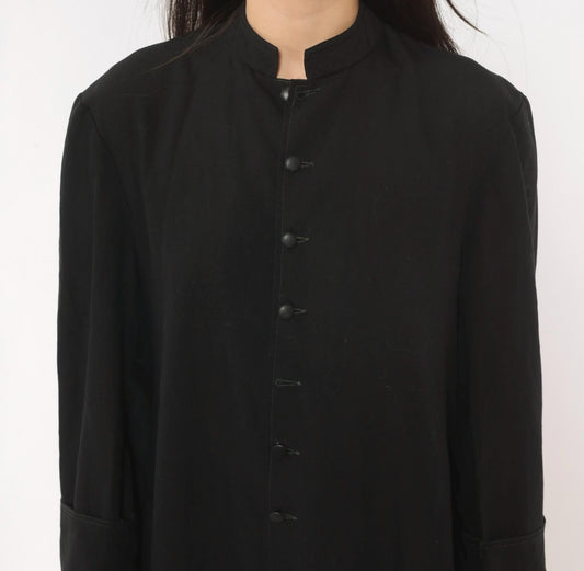 90s Black Maxi Dress Mandarin Collar Button Front Long Sleeve Medium
