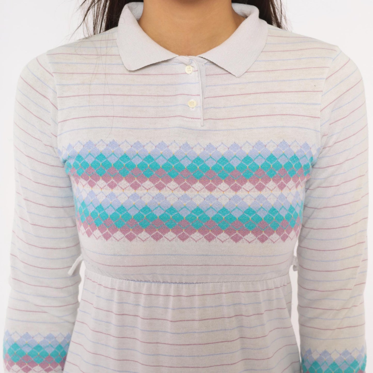 80s Health-Tex Argyle Polo Dress Grey Teal Lavender Mini Cotton XS