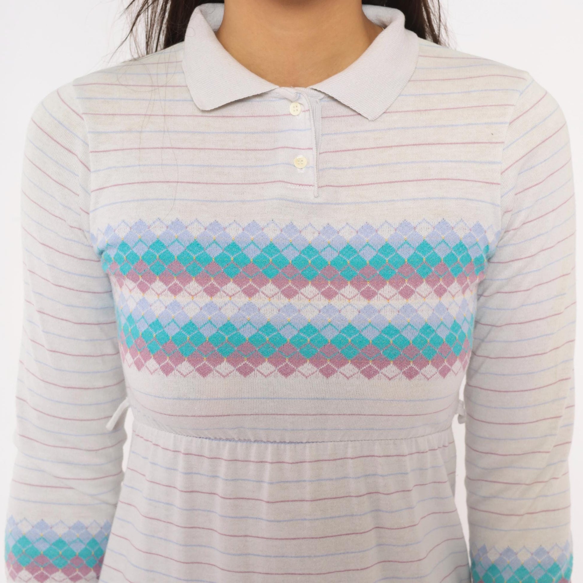80s Health-Tex Argyle Polo Dress Grey Teal Lavender Mini Cotton XS