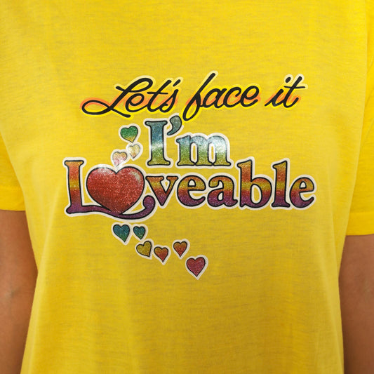 80s Ched "Let's Face It I'm Loveable" Heart Glitter Tee Yellow Graphic Slogan Large L