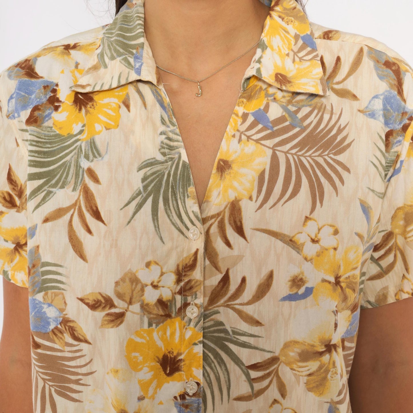 2000s Erika Hawaiian Camp Collar Shirt Cream Floral Yellow Palm Large L
