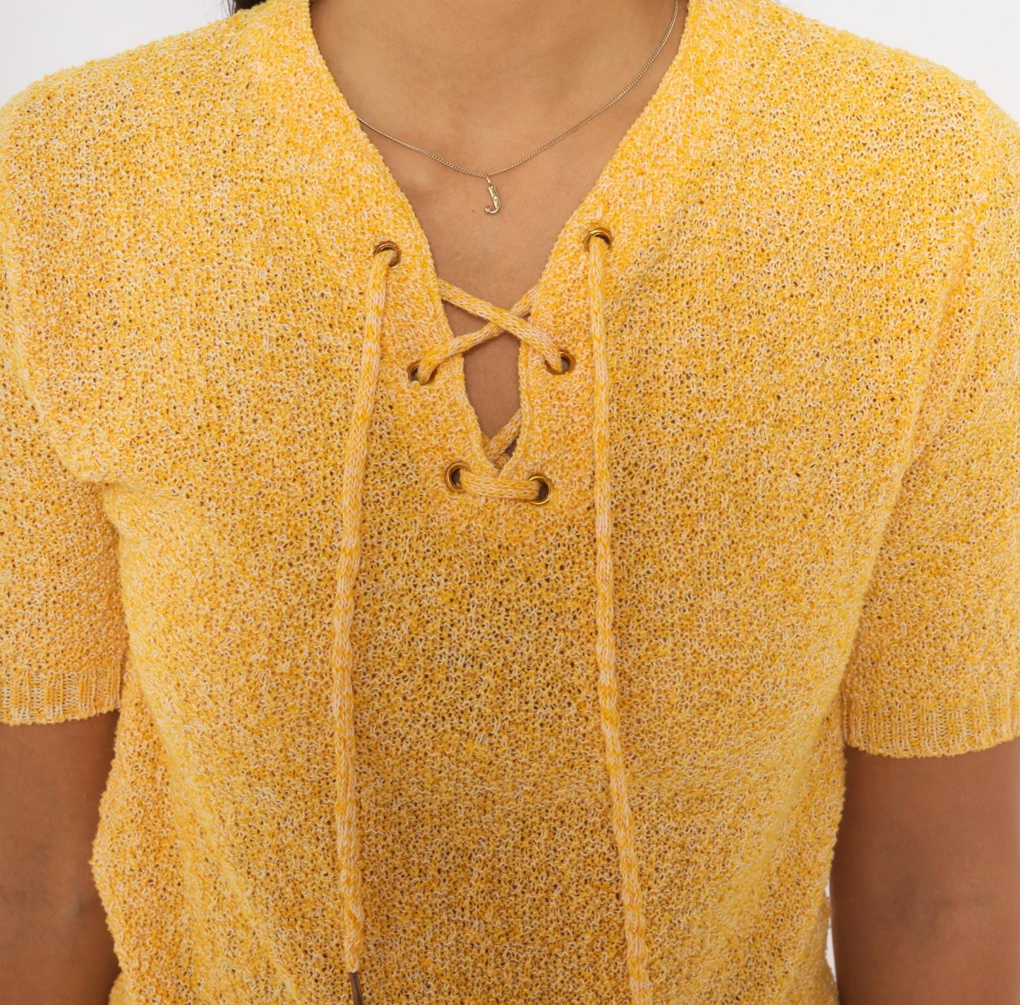 70s Sears Yellow Bouclé Knit Top Lace-Up V-Neck Short Sleeve Small Medium