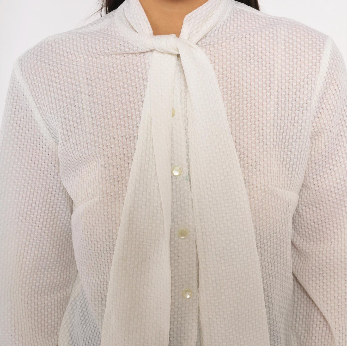 70s White Ascot Bow Blouse Sheer Bishop Sleeve Button Front Medium
