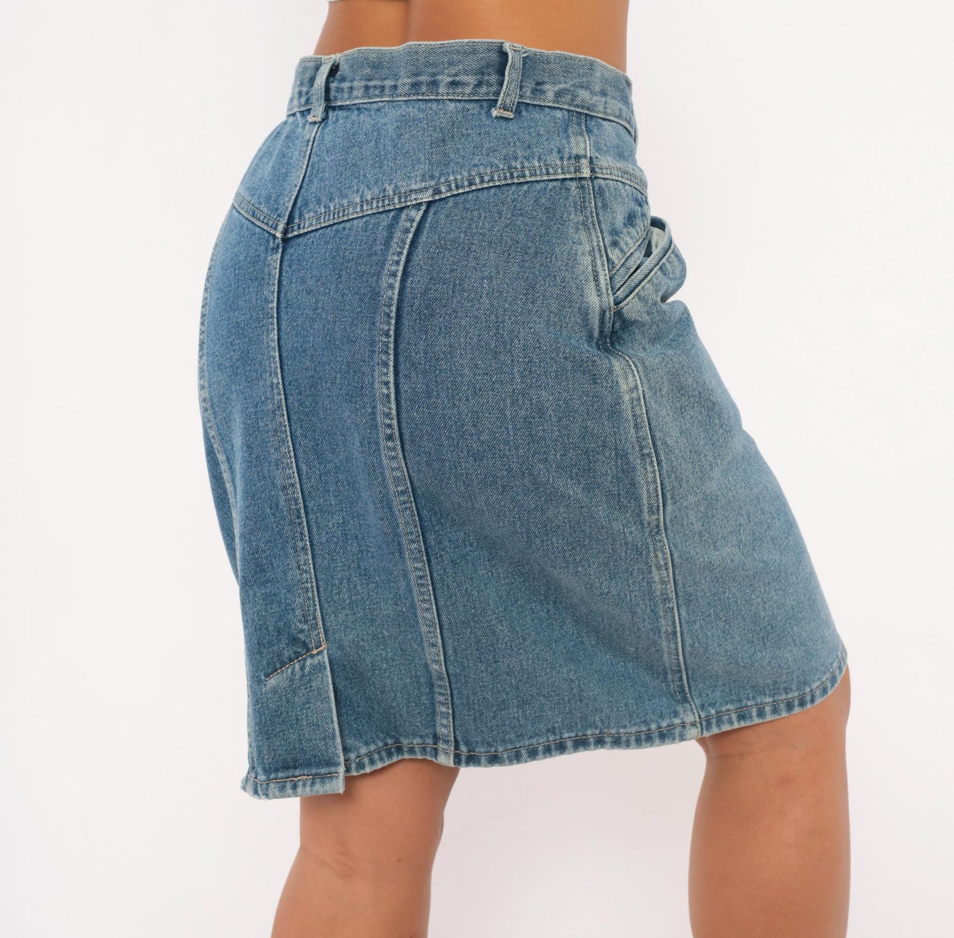 90s Stefano Denim Pencil Skirt High Waist Paneled Seam Blue Cotton Medium M