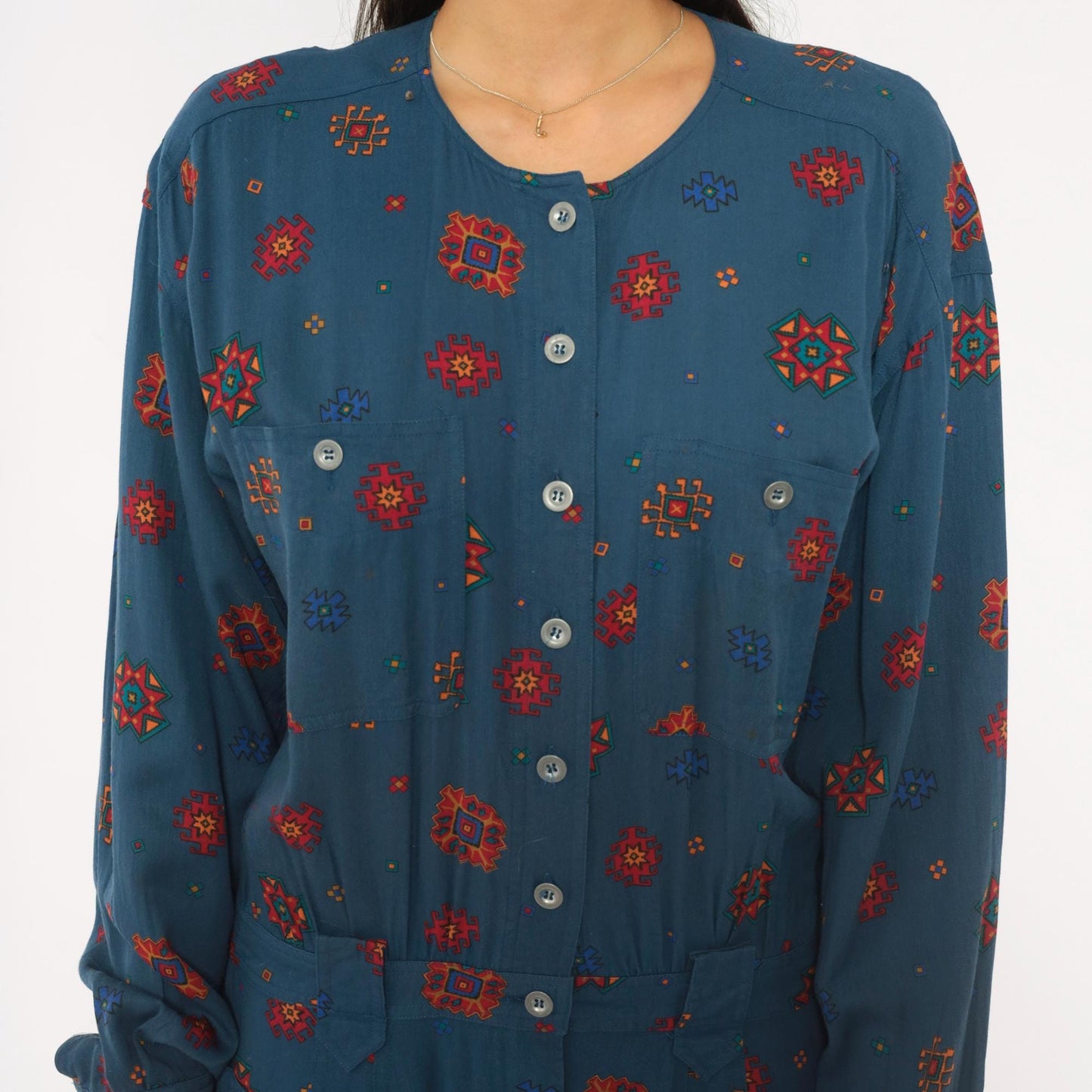 90s Liz Claiborne Geometric Folk Midi Dress Navy Button Front Extra Large XL