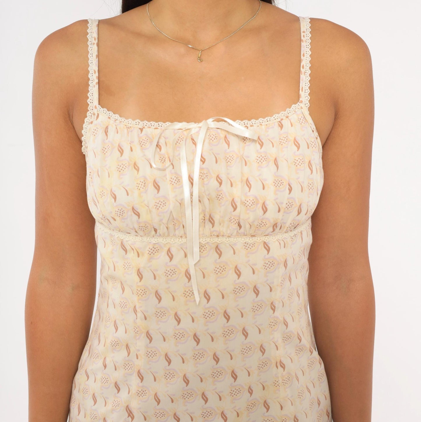 Y2K Floral Sundress Cream Tan Ribbon Bow Lace Trim Cotton Extra Small XS