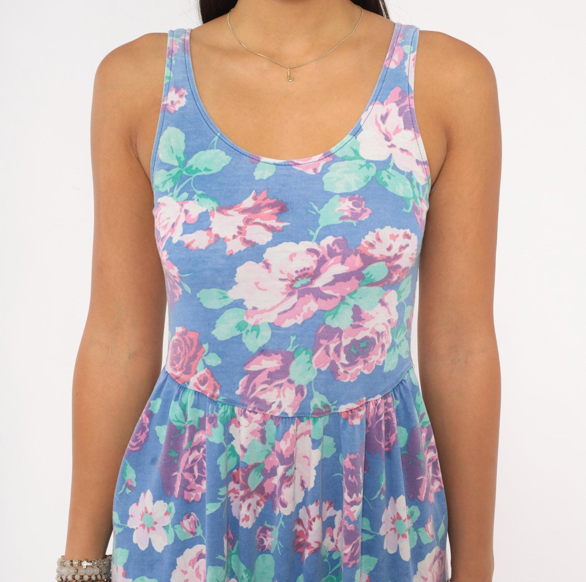 80s Periwinkle Floral Sundress Rose Print Gathered Skirt Knee Length XS