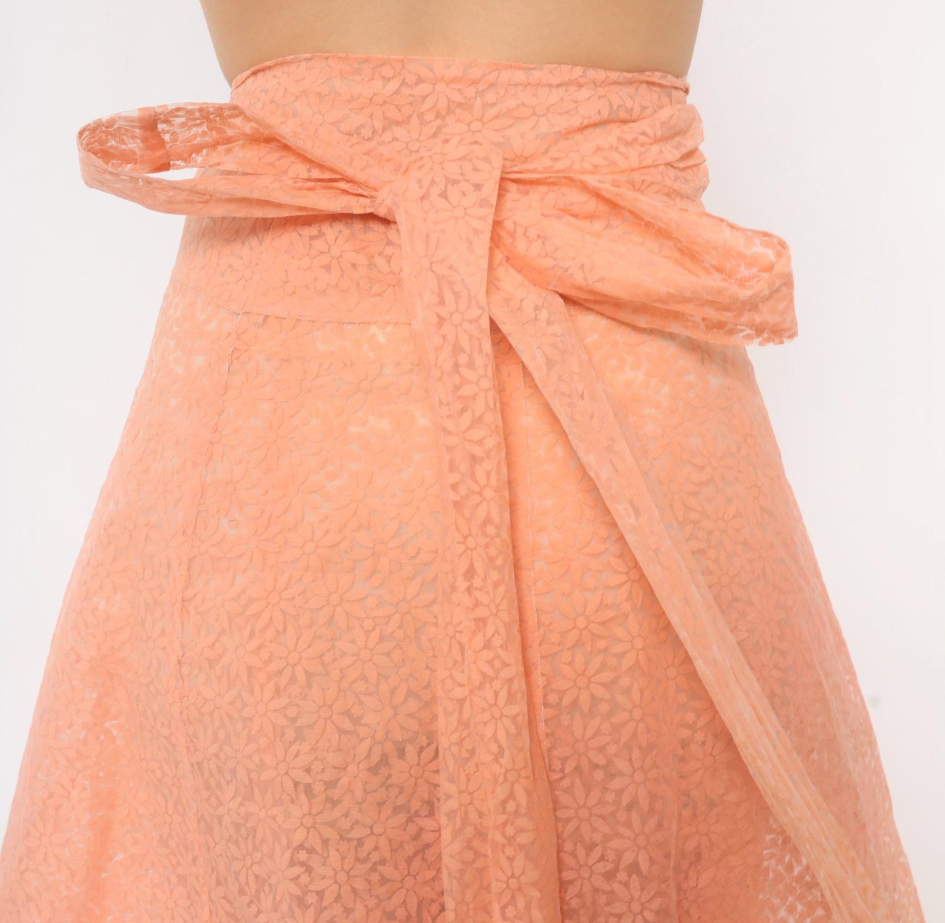90s Peach Floral Lace Wrap Midi Skirt A-Line Daisy Sheer Medium to Extra Large