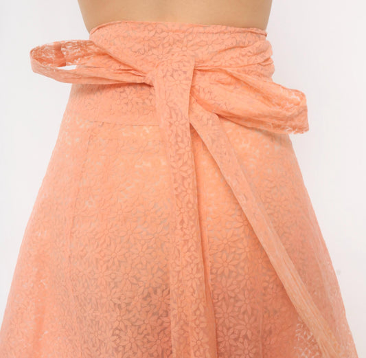 90s Peach Floral Lace Wrap Midi Skirt A-Line Daisy Sheer Medium to Extra Large