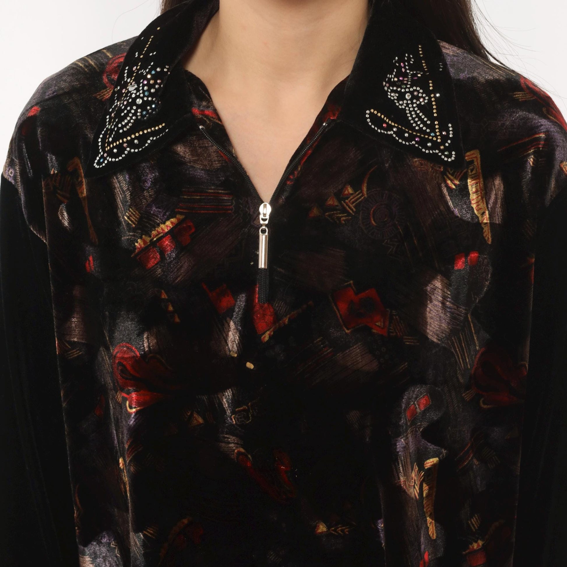 90s Black Velvet Blouse Rhinestone Collar Painterly Print Long Sleeve Medium M