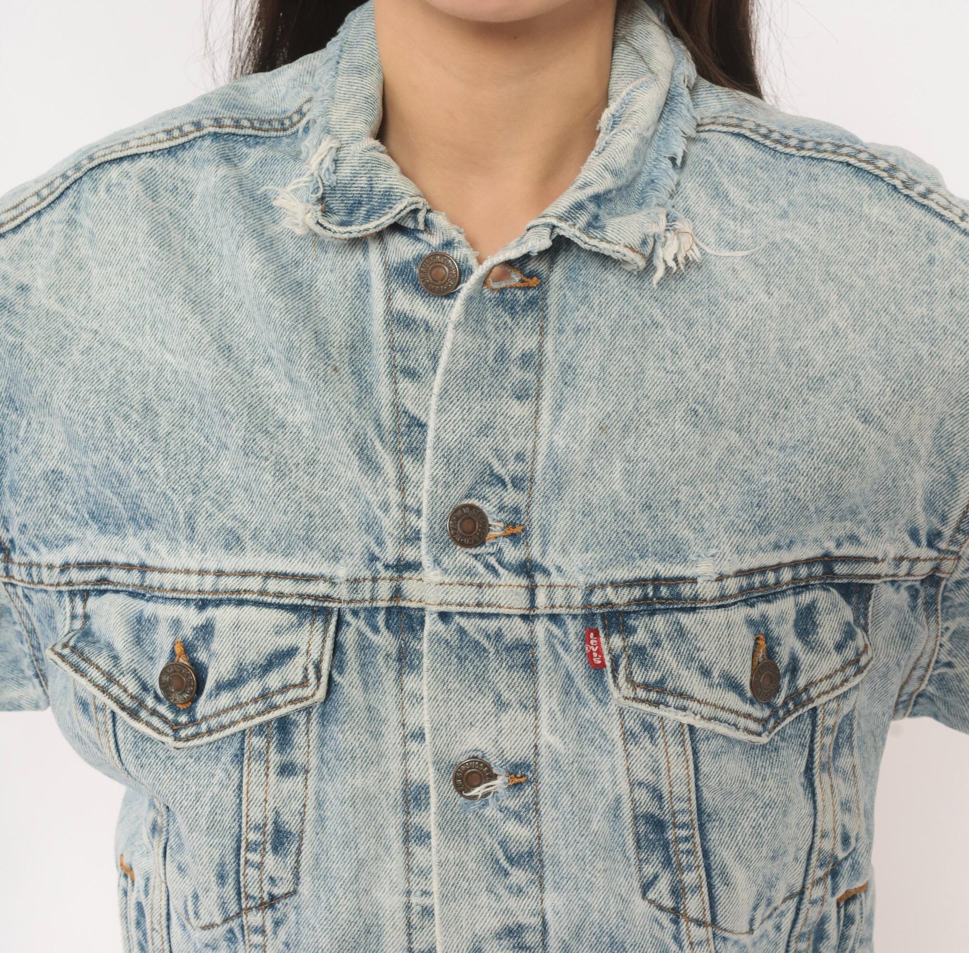 80s Levi's Acid Wash Denim Trucker Jacket Light Blue Distressed XS