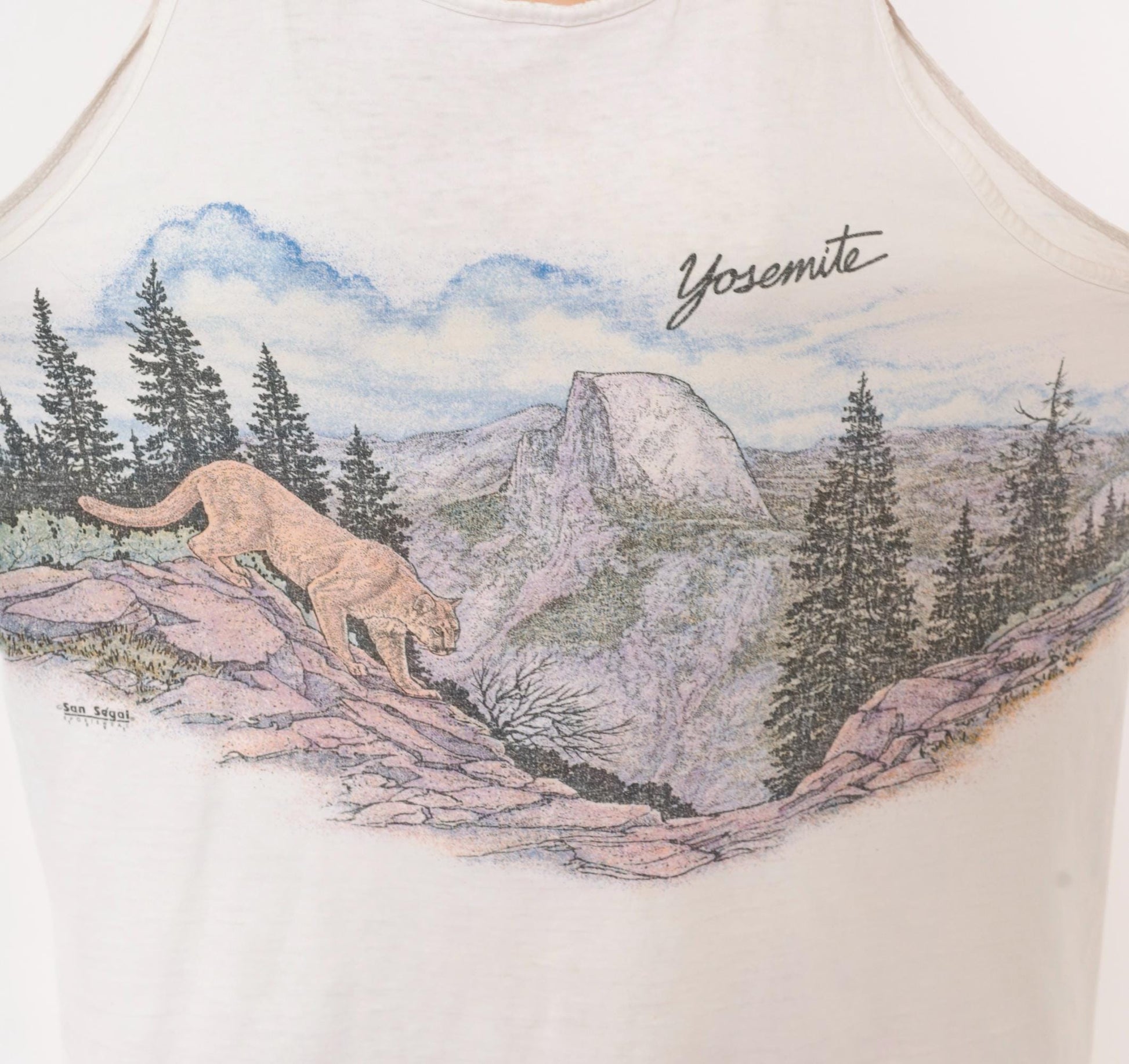 90s Yosemite Mountain Lion Tank Top White Graphic Nature Cotton Large L