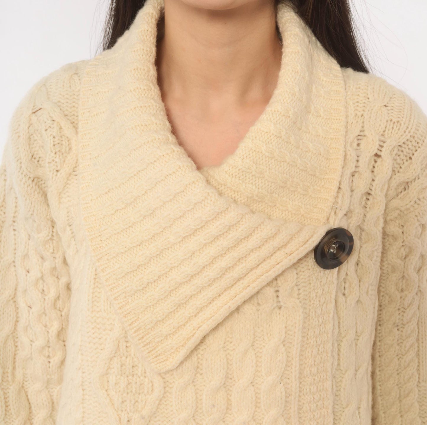 80s Arancrafts Aran Cable Knit Cardigan Cream Wool Shawl Collar Small S