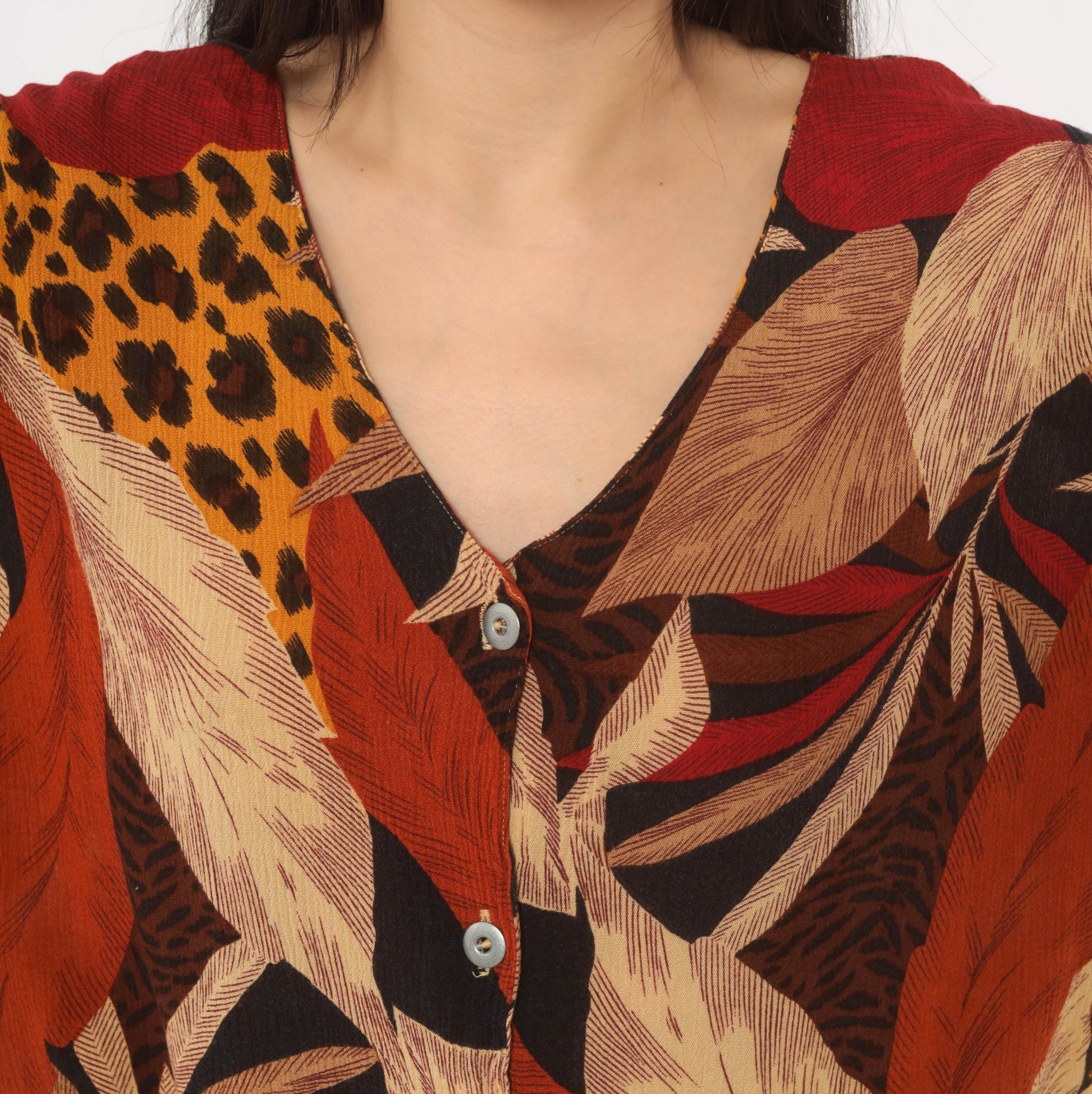 90s Options Melrose Tropical Leopard Button Blouse Tie Front Large L